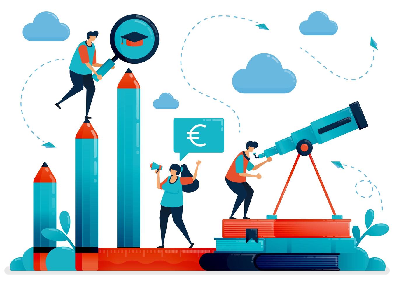 Student learning level with charts and pencil. Looking into future with education. Scholarships, charts, fees for study and training.Vector illustration, landing page, card, banner, brochure, flyer vector