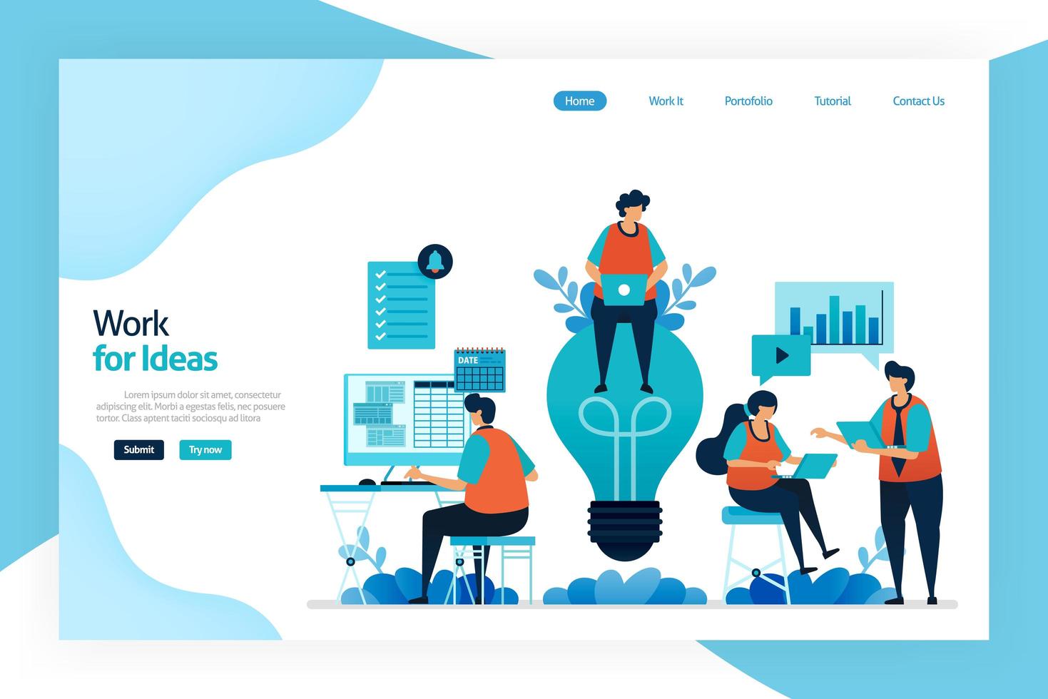 Landing page of work for idea. Employee work and discuss to improve company performance, services, financial gain. Big idea for problem solving and managing risk. Designed for website, mobile apps vector