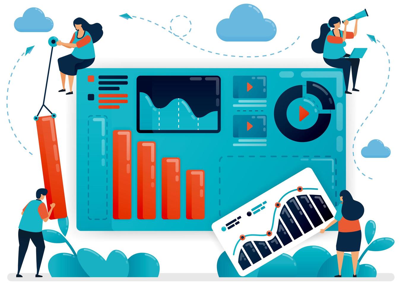 trabajo en equipo para construir una cartera de negocios. gráfico y diagrama para analizar la estrategia. estadística de crecimiento de la empresa. desarrollo de startups. Ilustración humana vectorial plana para página de destino, sitio web, móvil, póster vector