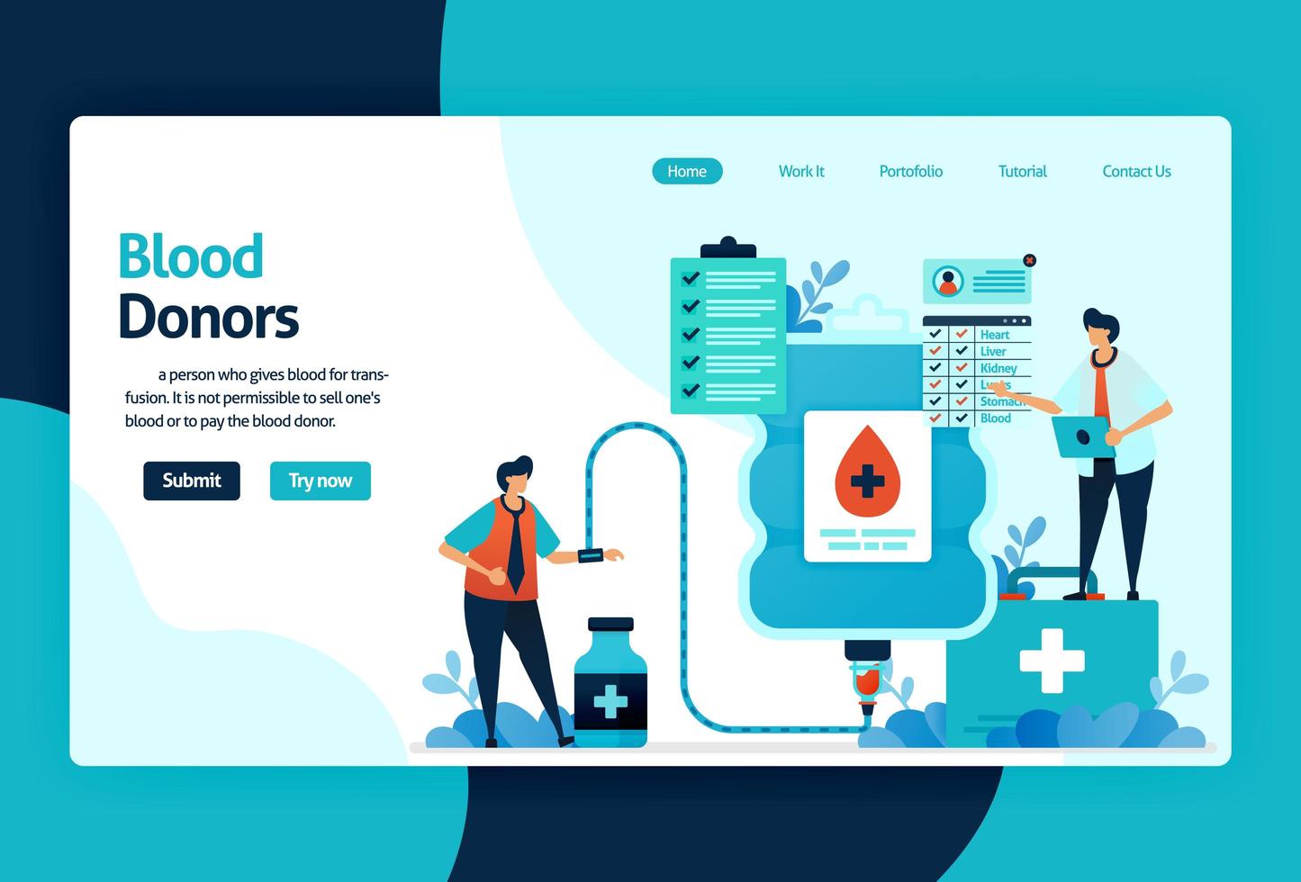 Vector flat illustration template of Blood donation and Charity. June 14 is blood donor day, blood Bank Transfusion, Doctors in Drop of Blood. for banner, landing page, web, website, mobile apps, ui