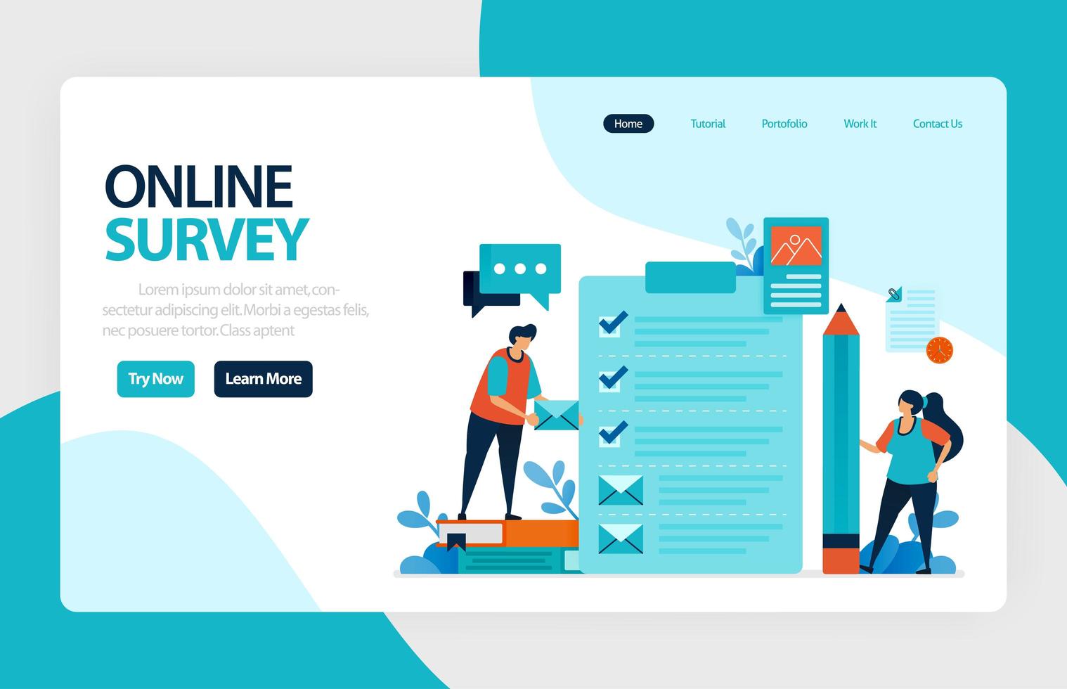 Landing page online survey. Satisfaction feedback, review form service, Exams Choices Flat character for learning and survey consultants. for banner, illustration, web, website, mobile apps, flyer vector