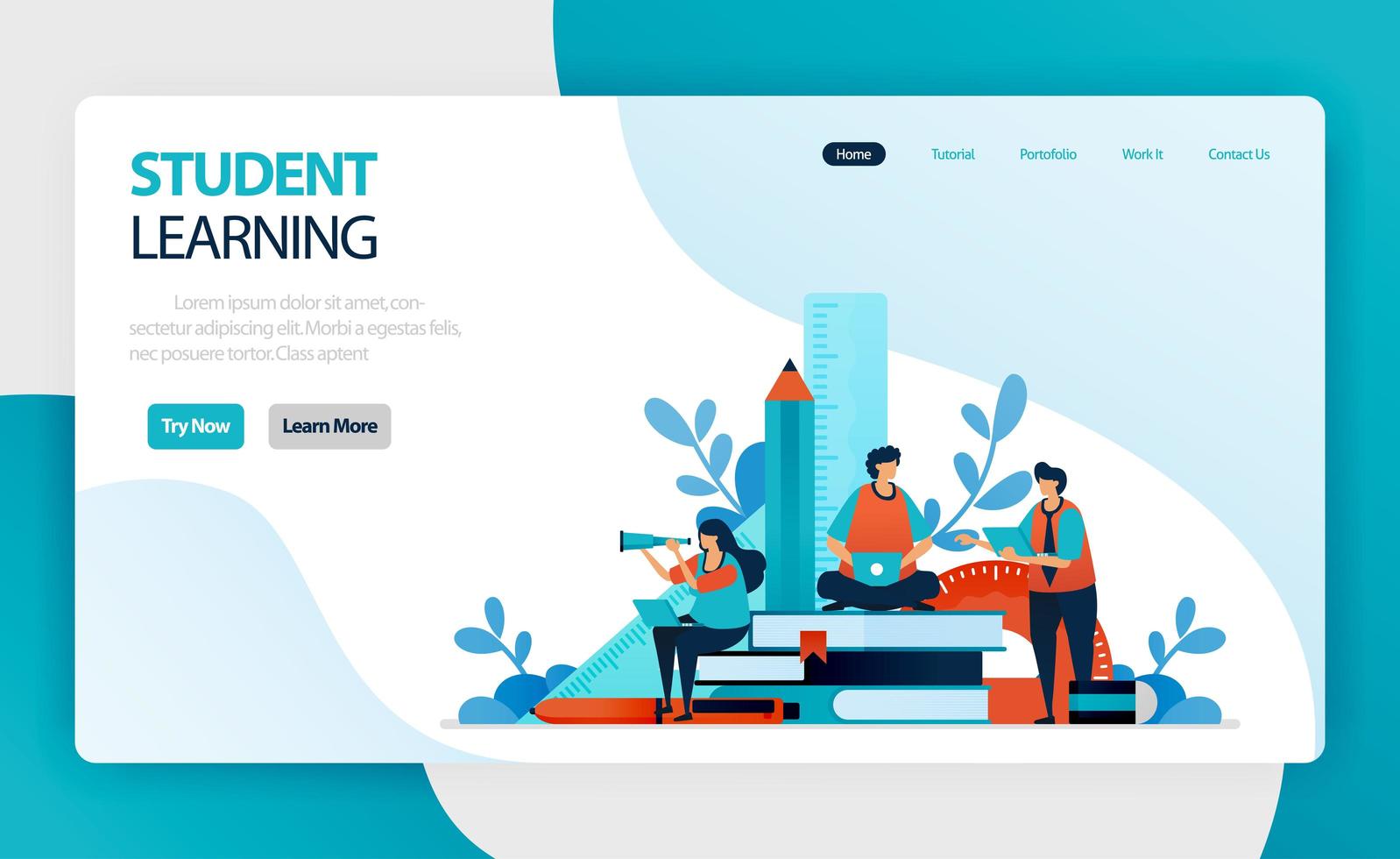 landing page for student learning and education. student study. online mobile modern learning. knowledge acquired through experience, study, being taught. vector design for business card website web