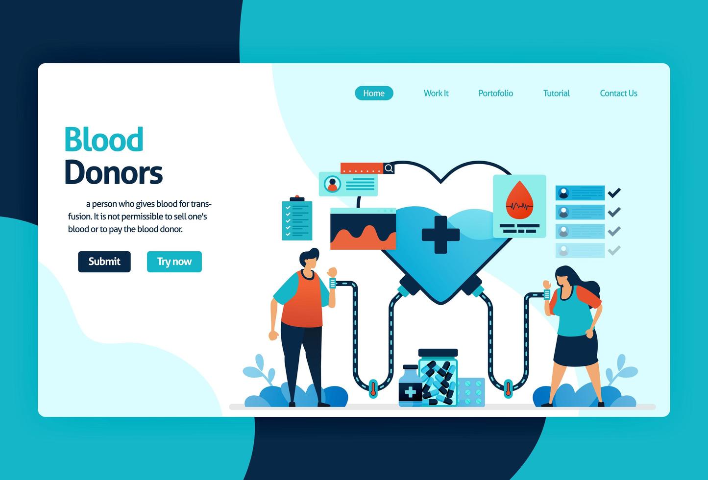 Vector flat illustration template of Blood donation and Charity. June 14 is blood donor day, heart with a red cross symbol, medical check-up awareness. for banner, landing page, web, website, mobile