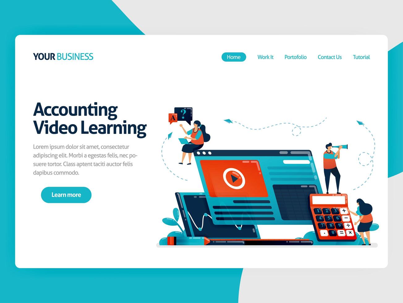 Accounting studies with e-learning. Business education and finance, learning technology, video learning, online financial consulting.Vector illustration, landing page, card, banner, brochure, flyer vector