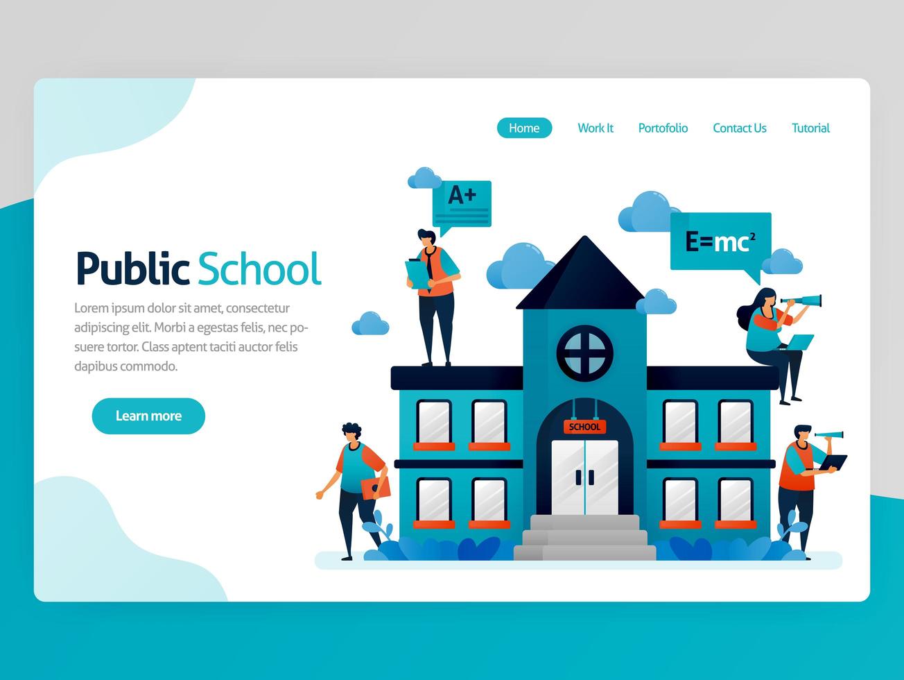 ilustración vectorial para la página de destino de la educación. Edificios de escuelas públicas y lugar de trabajo, becas de educación en línea, aprendizaje moderno, plataforma de formación de e-learning. plantilla de página web de encabezado de página de inicio vector