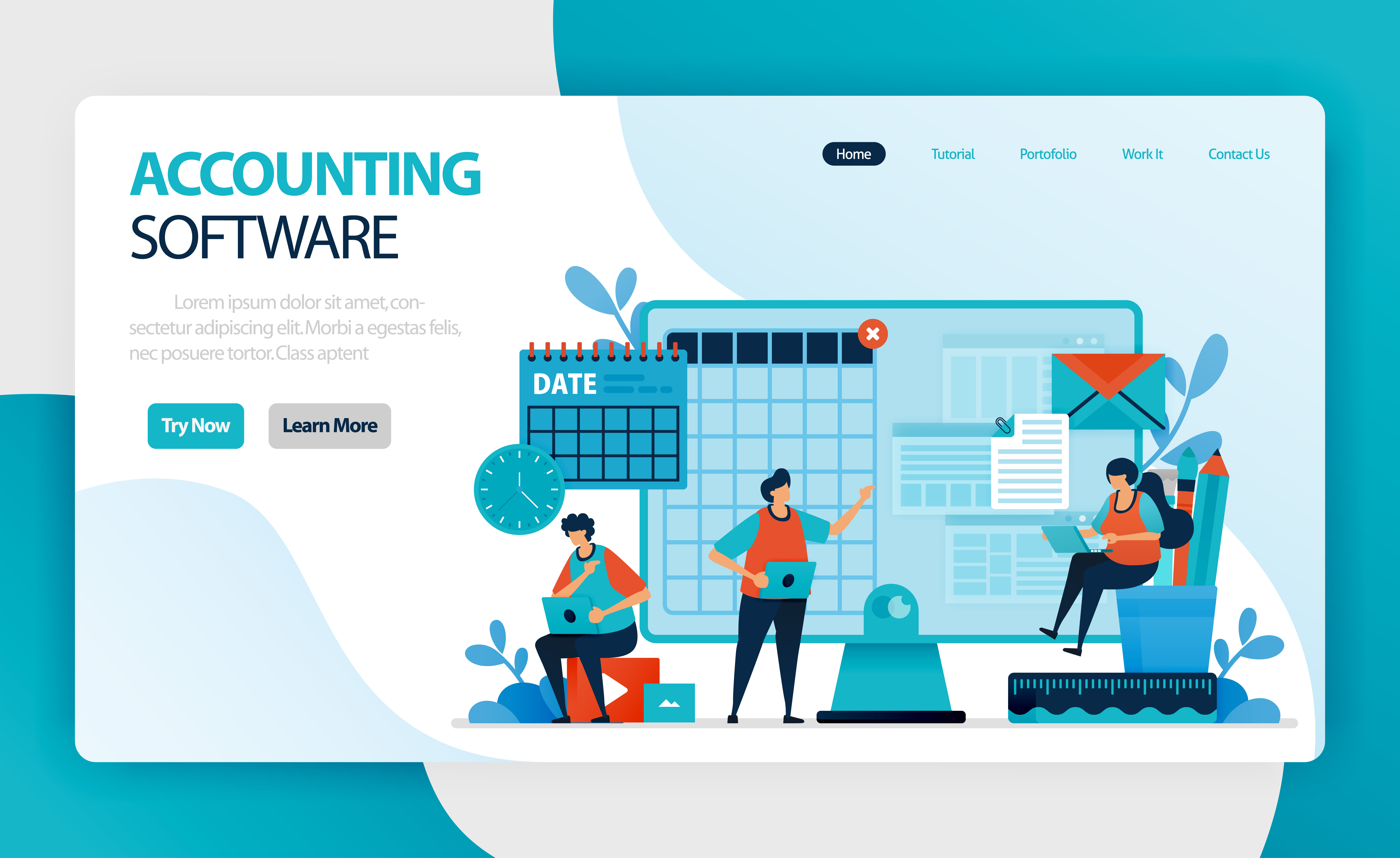 landing page of accounting software. Accounting process of recording
