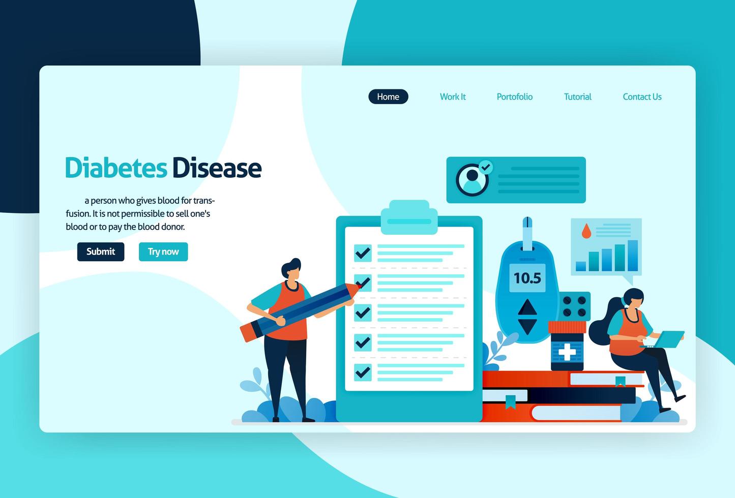 Vector flat illustration template of blood sugar and diabetes checks. awareness of insulin levels health checks in hospital, clinic, laboratory. for banner, landing page, web, website, mobile apps