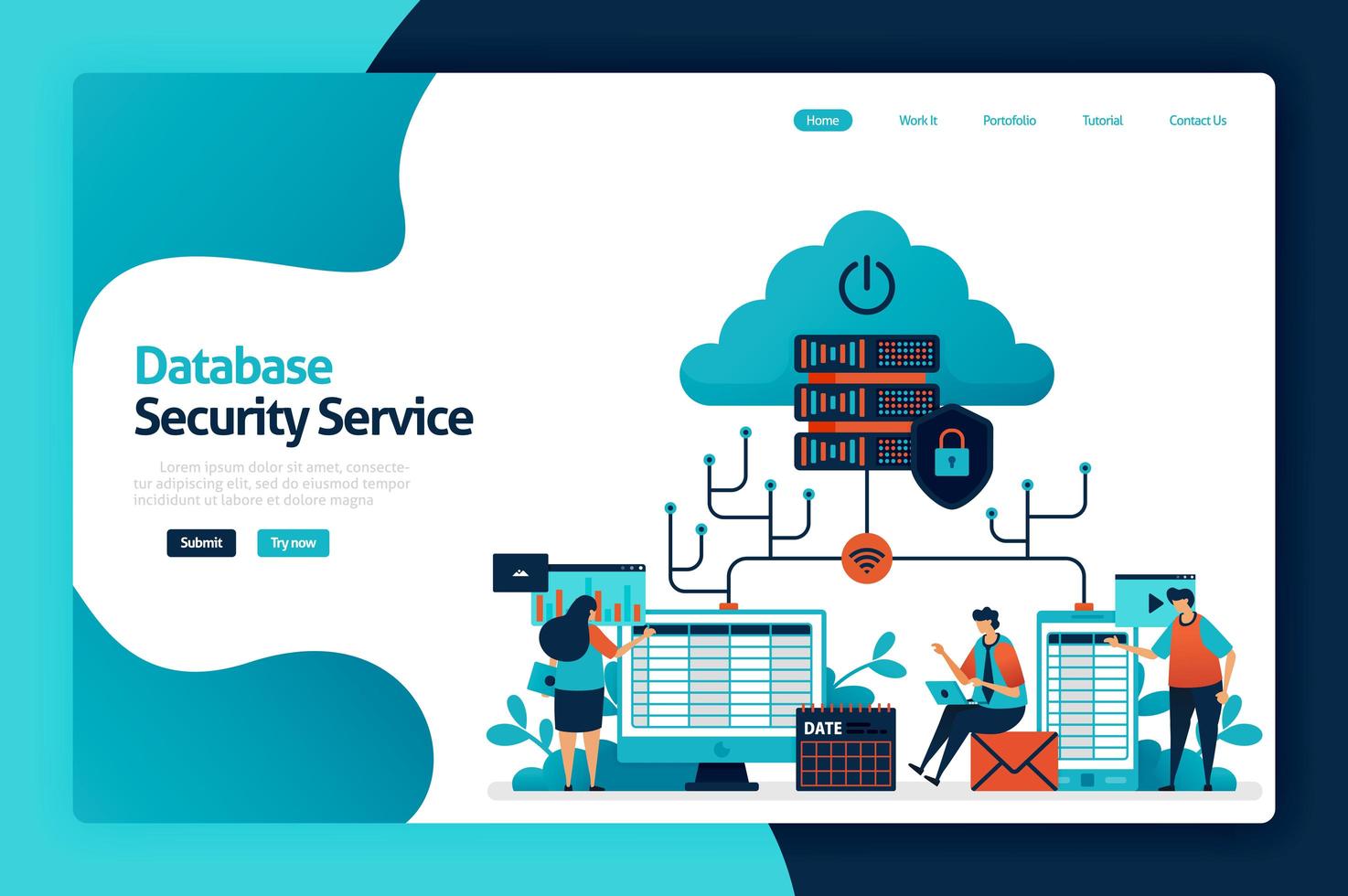 Database security service landing page design. safety internet data access, user privacy protection, firewall service for guard and control. vector illustration for poster, website, flyer, mobile app