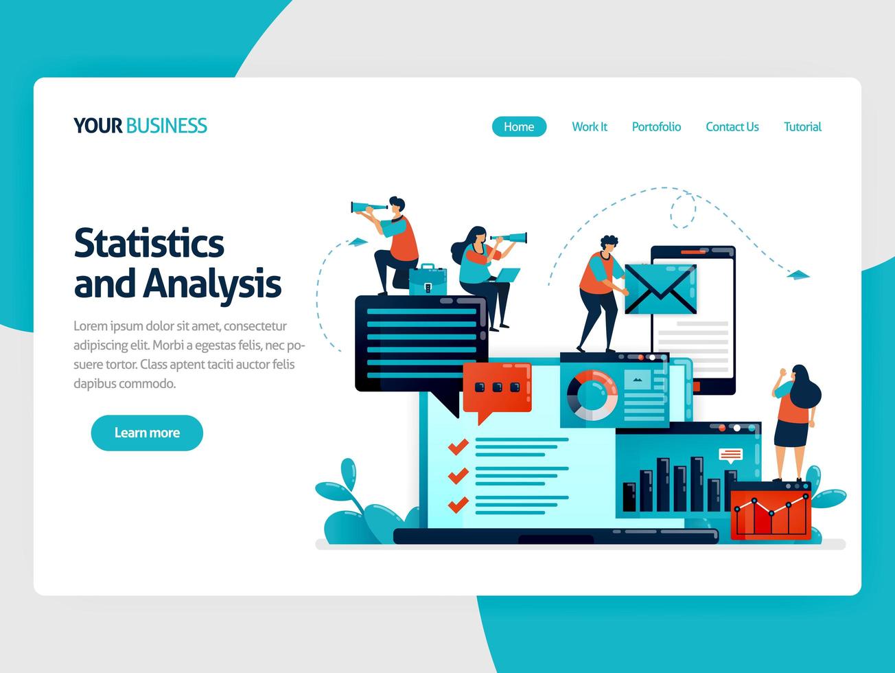 analizar estadísticas y datos en el informe de la empresa. tablero de la computadora portátil para el trabajo de contabilidad. optimizar los servicios digitales móviles para el trabajo. Ilustración humana vectorial plana para página de destino, sitio web, móvil, póster vector