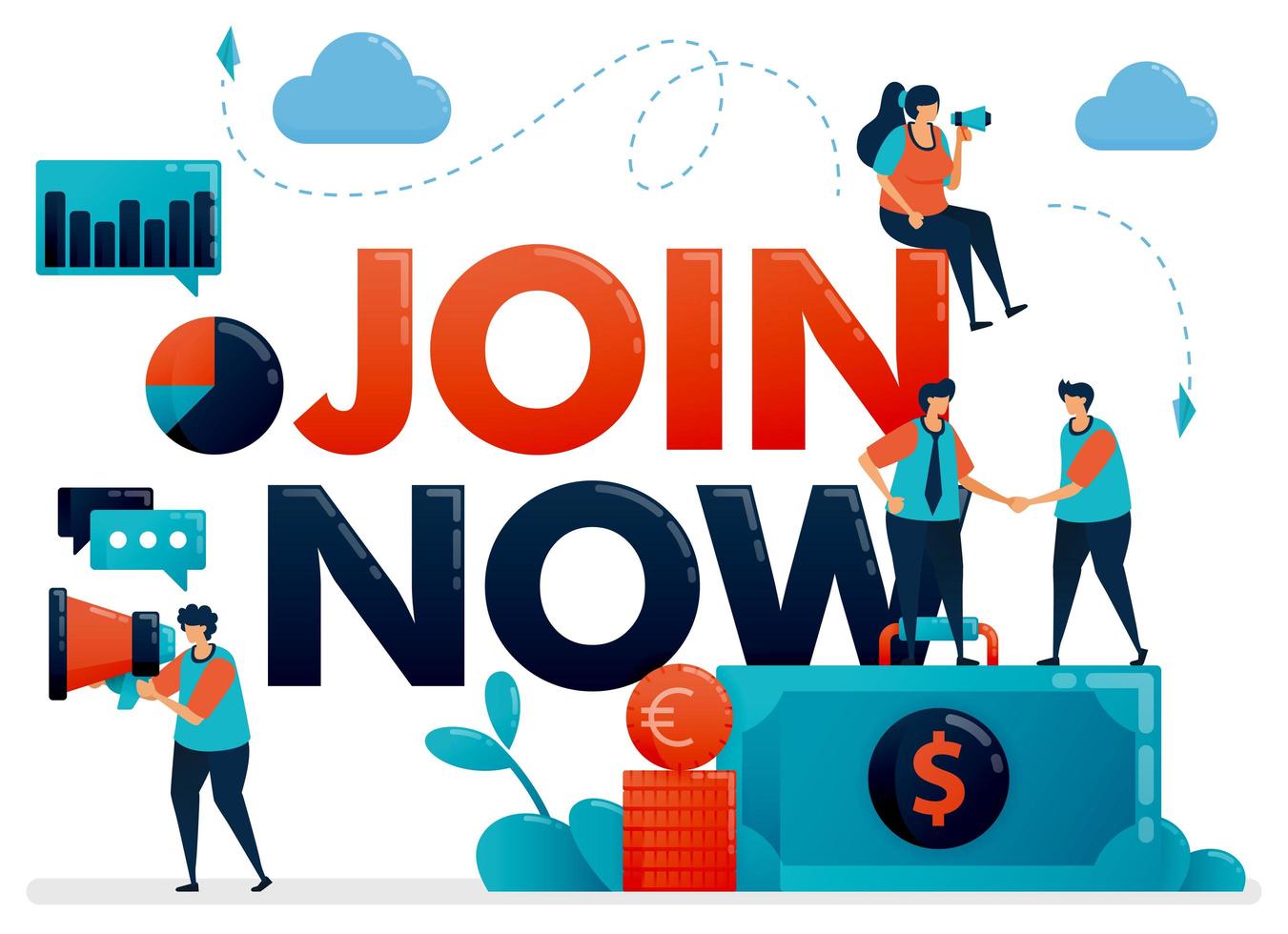 Join now poster for referral program. Promotion of we are hiring . Announcement for employee vacancy, recruitment. Flat character vector illustration for landing page, web, banner, mobile apps, poster