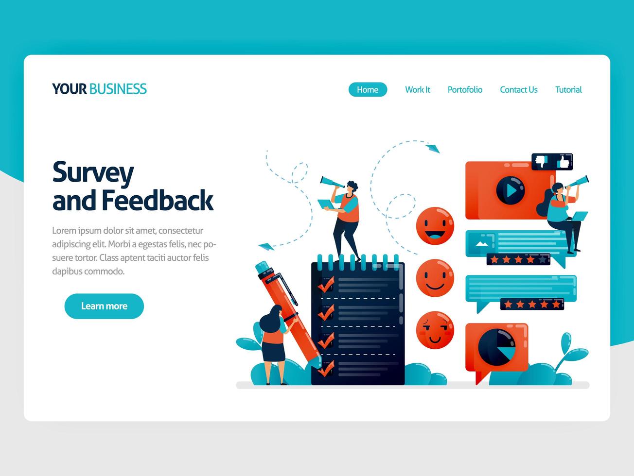 Fill out survey for feedback. Emoticon in comments. User ratings in services. Assessment to improve experience. Exam and questionnaire. Flat character for landing page, website, mobile, flyer, poster vector