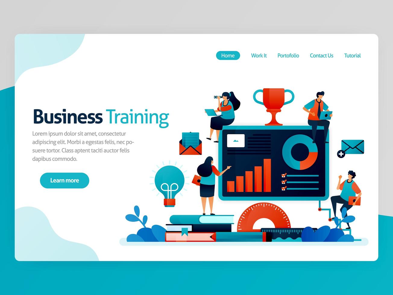 Vector illustration for business training landing page. Business and entrepreneurship seminar. Read statistic for strategy analysis. Graph and accounting chart. Homepage header web page template apps