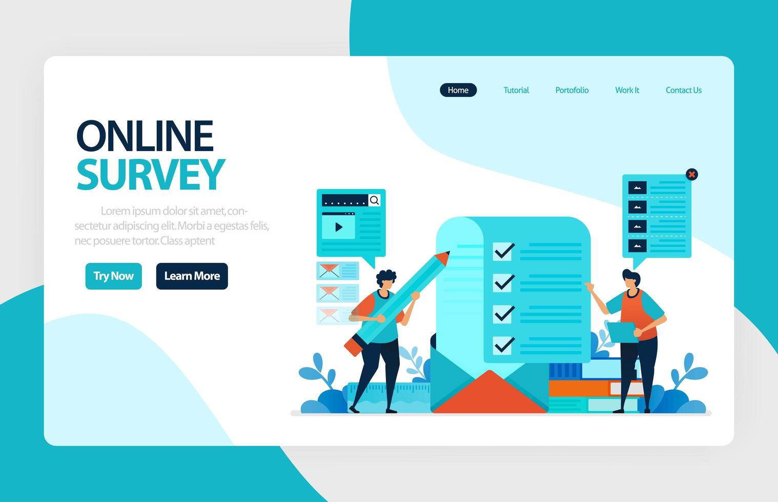 Landing page online survey. Exams Choices Flat character for learning and survey consultants. research feedback opinion, choice checklist. for banner, illustration, web, website, mobile apps, flyer vector