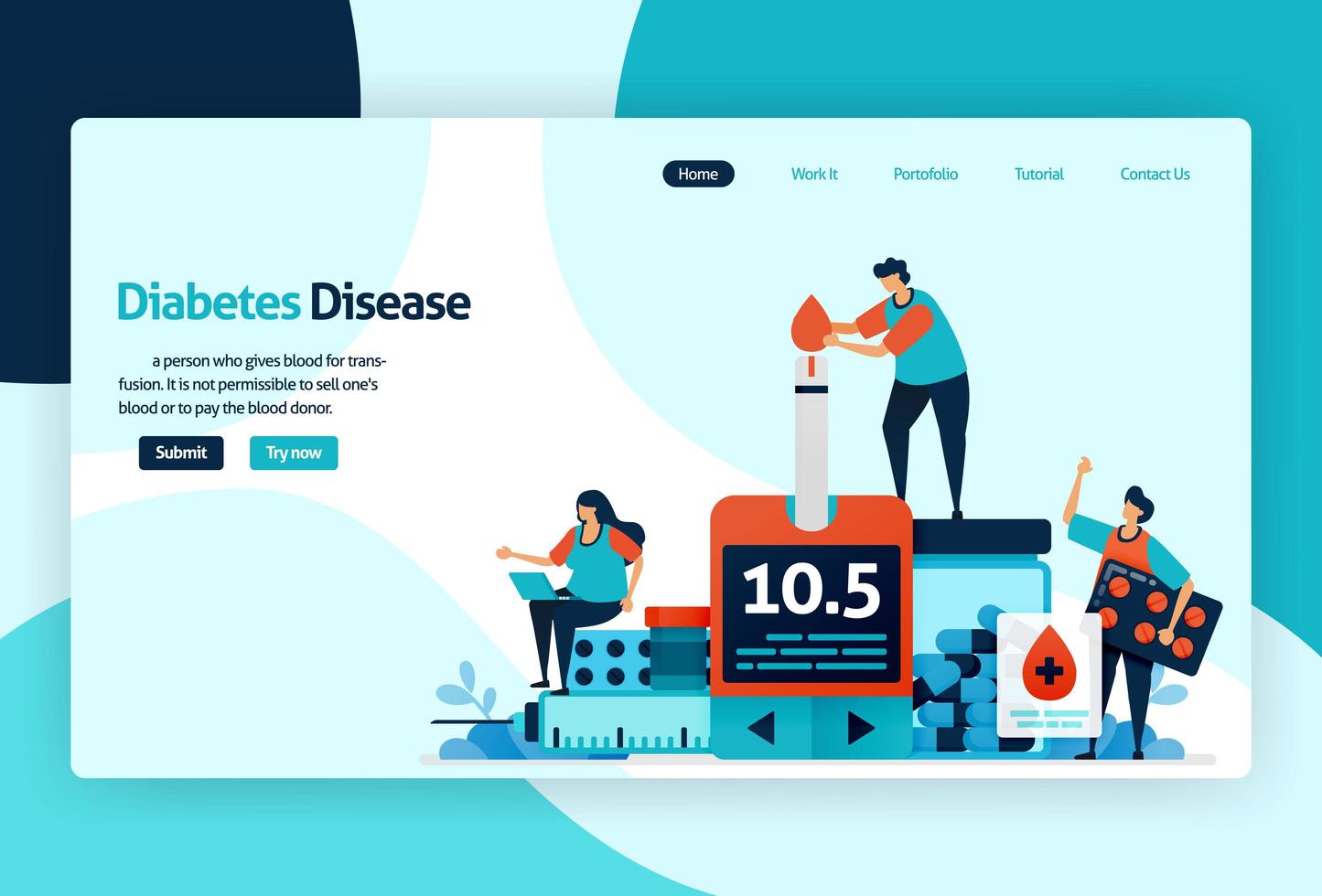 Vector flat illustration template of blood sugar and diabetes checks. awareness of insulin levels health checks in hospital, clinic, laboratory. for banner, landing page, web, website, mobile apps