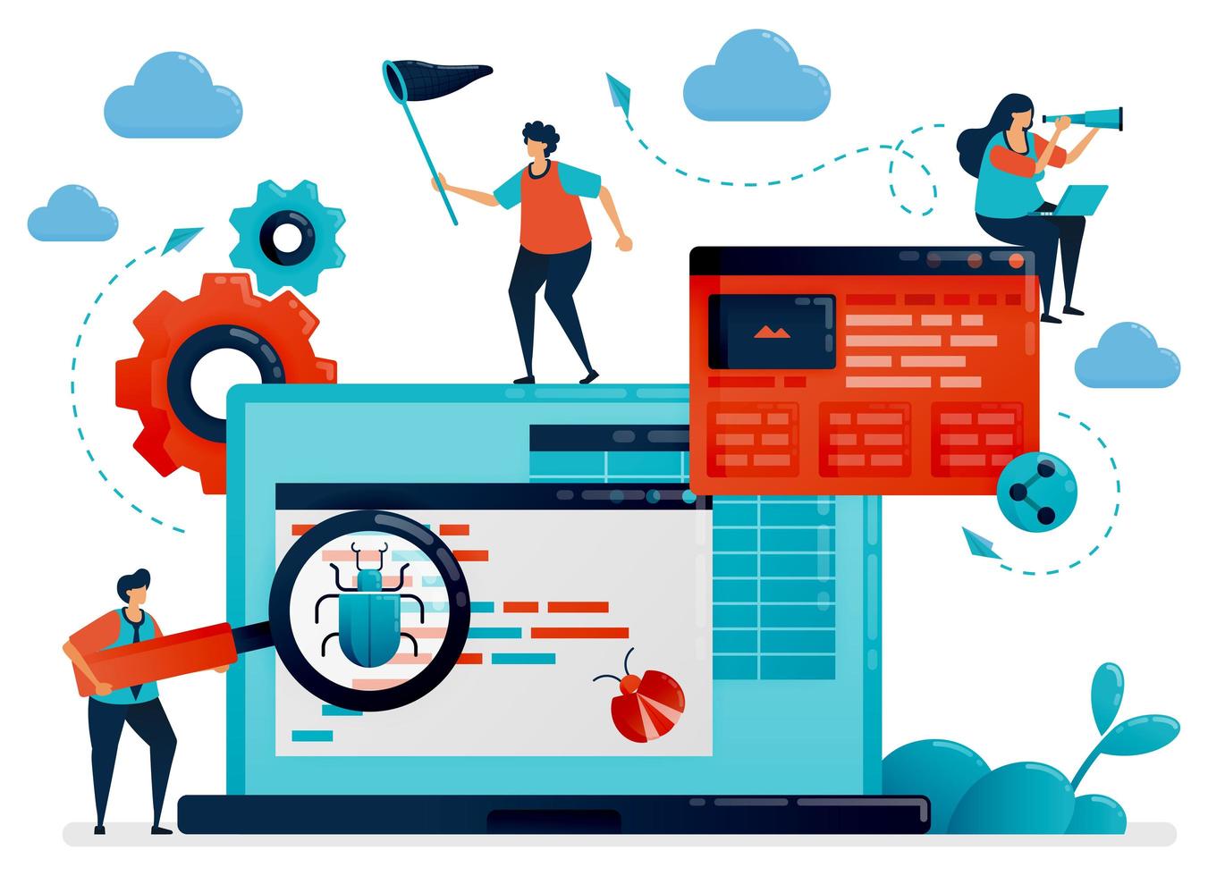 proceso de desarrollo de aplicaciones para pruebas y depuración. software antivirus para detectar errores. depuración, programación y codificación para crear aplicaciones. programador que crea sitios web. ilustración vectorial vector