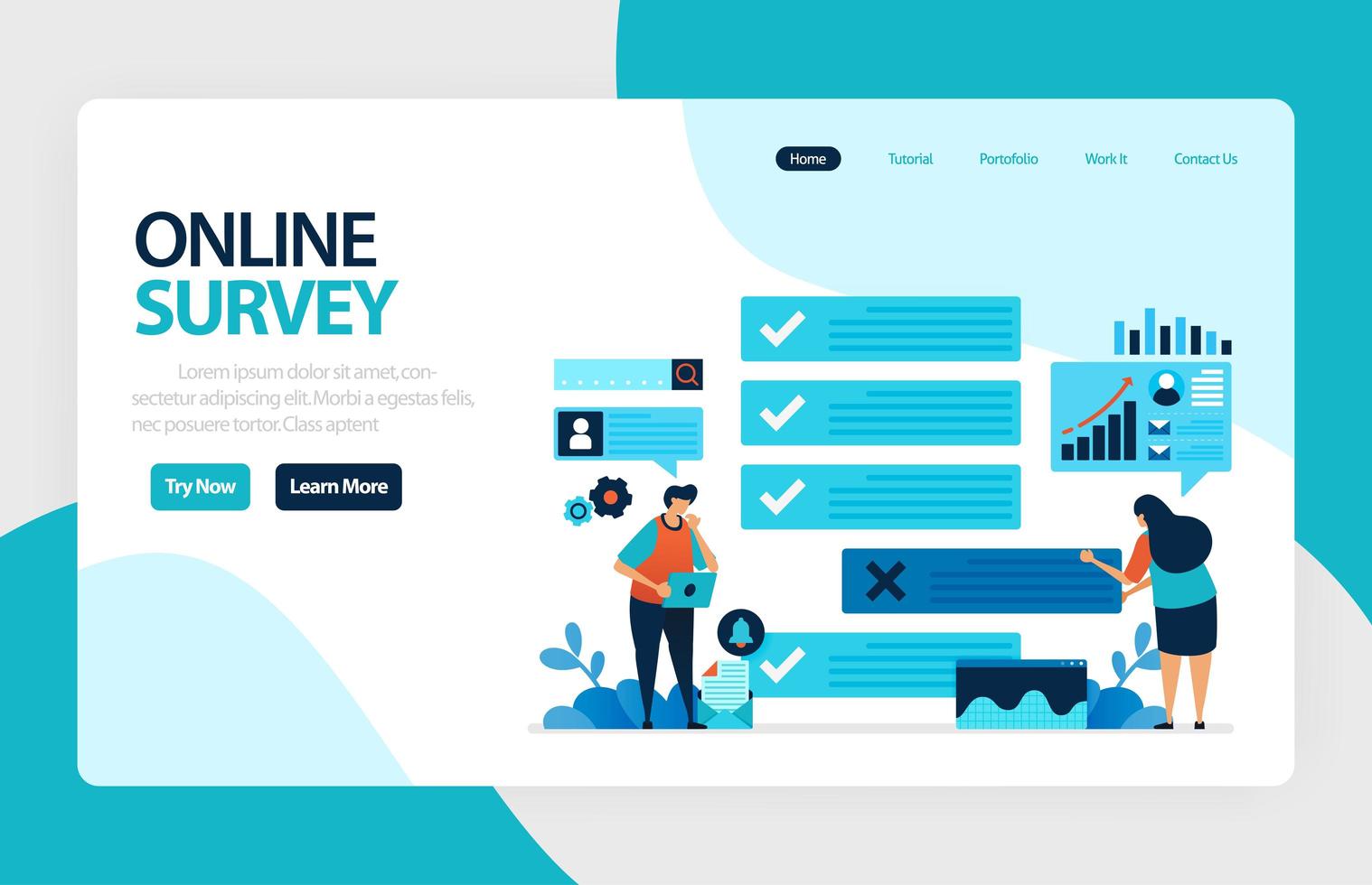 Landing page online survey. Exams Choices Flat character for learning and survey consultants. research feedback opinion, choice checklist. for banner, illustration, web, website, mobile apps, flyer vector