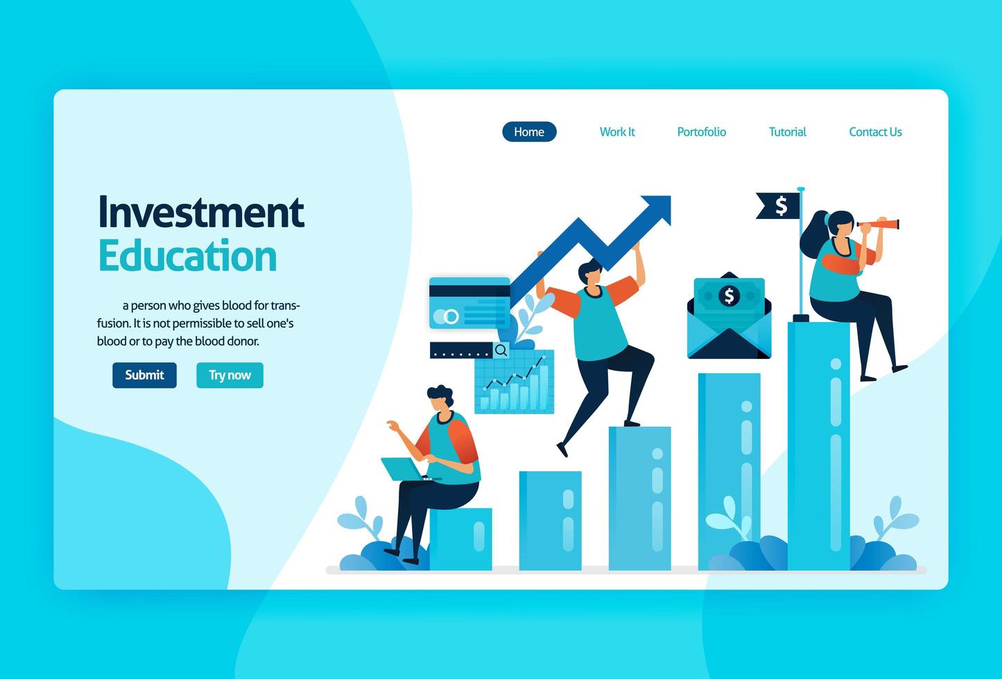 landing page vector design for investment education. stock market with strategy, analysis, planning. capital market growth, return of investment. for banner, illustration, web, website, mobile apps