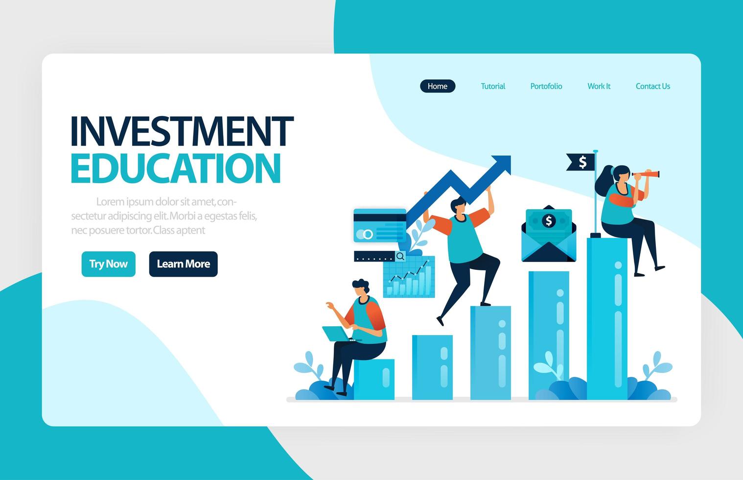 diseño vectorial de página de destino para educación en inversiones. retorno de inversión con planificación, bolsa de valores y fondos mutuos, renta fija, mercado monetario. para banner, ilustración, web, sitio web, aplicaciones móviles vector