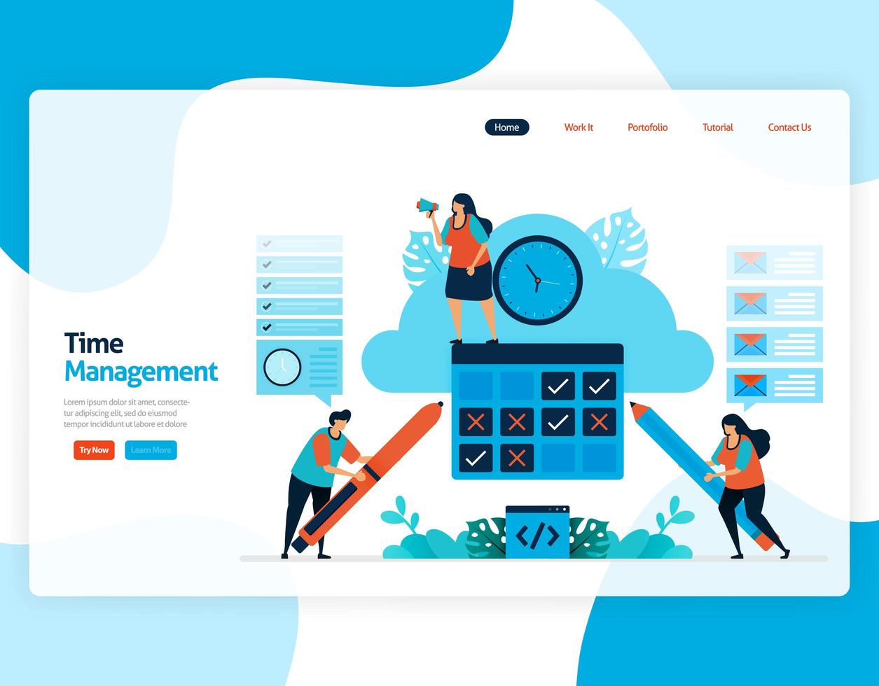 Landing page vector of time management and scheduling jobs project, Plan and manage work on time, Lack of time in business, Work with time. Illustration for website, mobile apps, homepage, flyer, card