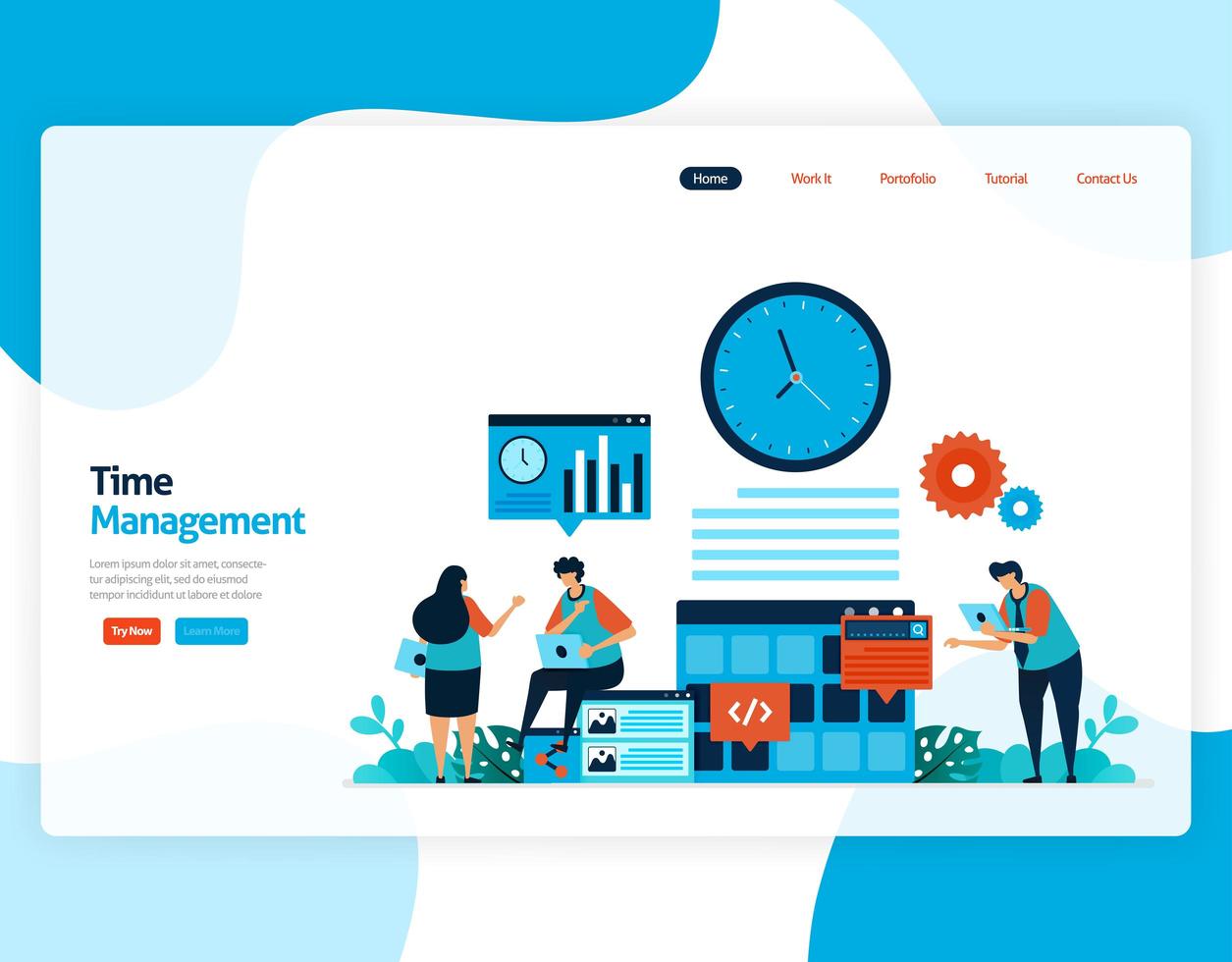 Landing page vector of time management and scheduling jobs project, Plan and manage work on time, Lack of time in business, Work with time. Illustration for website, mobile apps, homepage, flyer, card