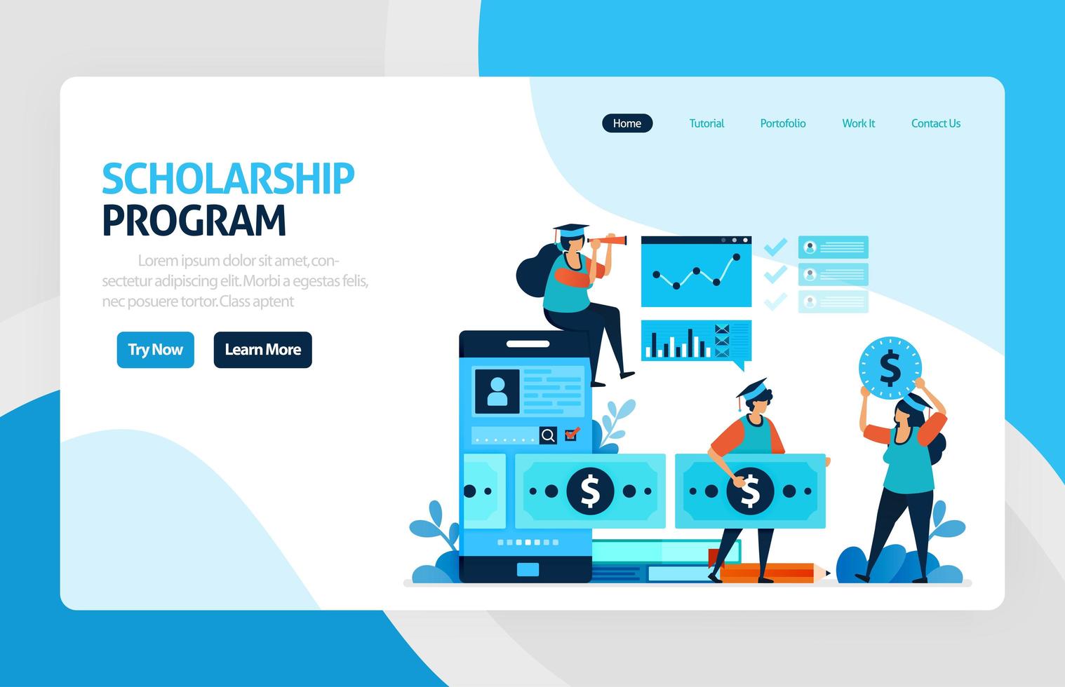 Landing page for scholarship education program, open donations and funding for outstanding student, Low interest loans for educational institutions, tuition fees. for banner, web, website, mobile apps vector
