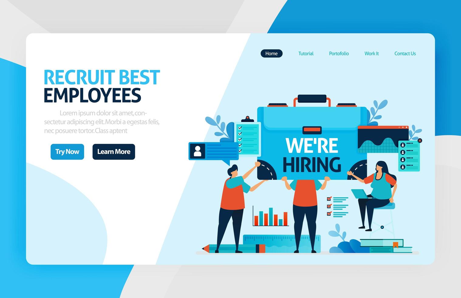 Landing page of we are hiring employees. open vacancies for job seekers. open recruitment agencies, jobs interview. selection and analysis knowledge, skills, abilities. website, mobile apps, poster. vector