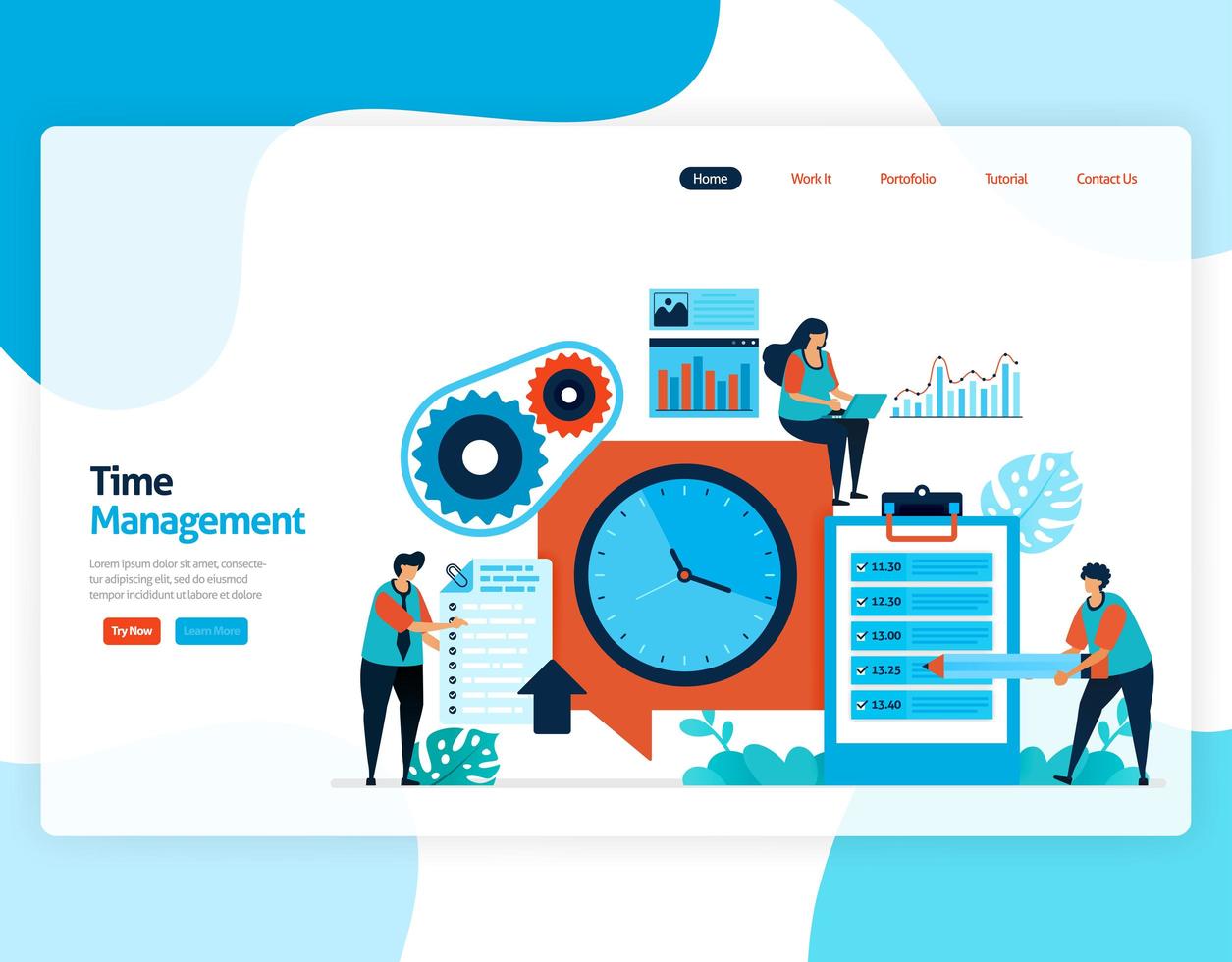 Landing page vector of time management and scheduling jobs project, Plan and manage work on time, Lack of time in business, Work with time. Illustration for website, mobile apps, homepage, flyer, card