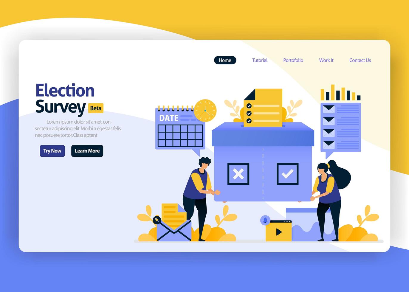 landing page vector flat design illustration of satisfaction surveys for elections and government vote campaigns, online technology selections. for websites, mobile apps, banner, flyer, brochure, ads