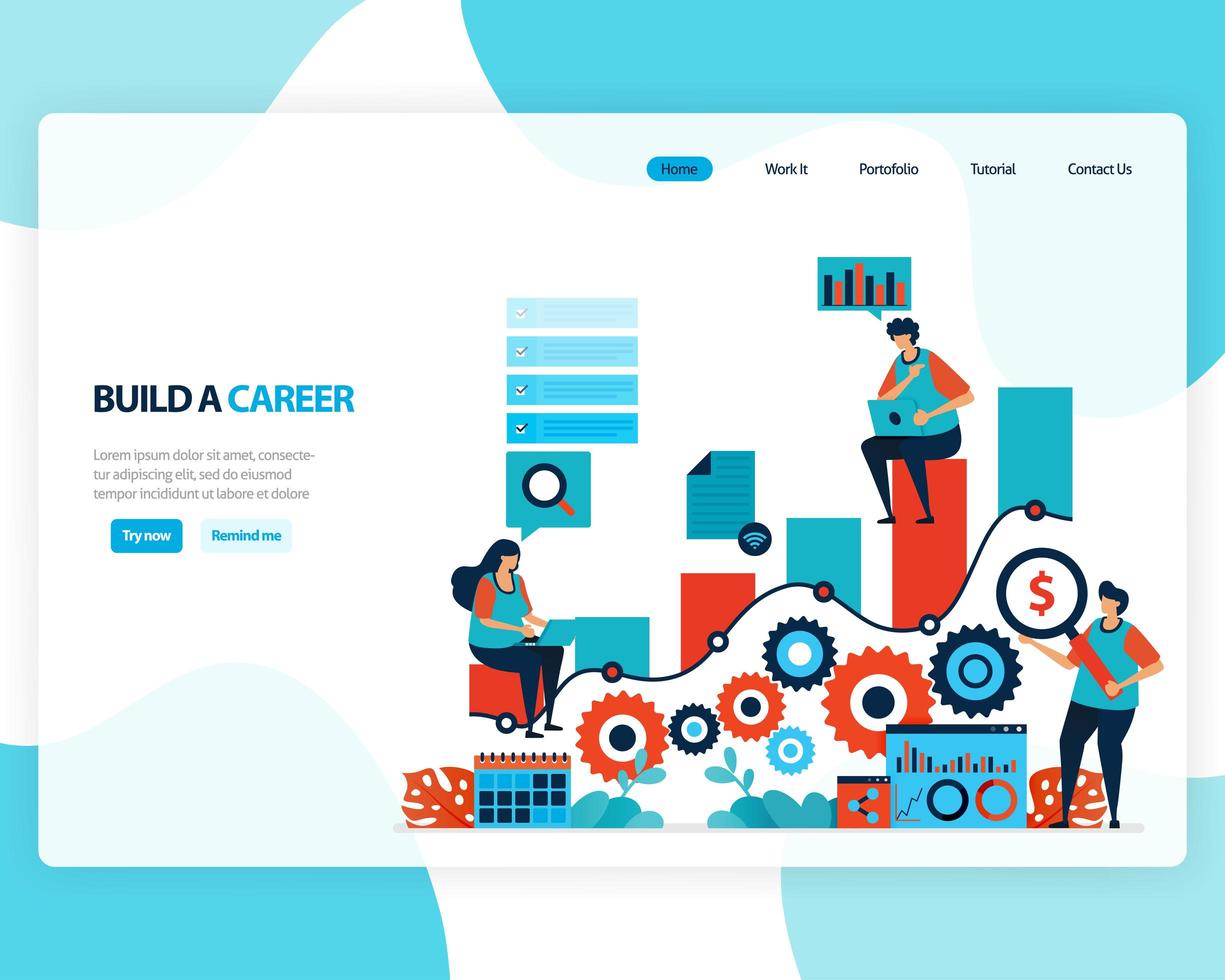 vector landing page of building a career and leadership. chart in achieving business goals. develop mental in work. illustration for web, homepage, web page, web theme, template, flyer, mobile, cards