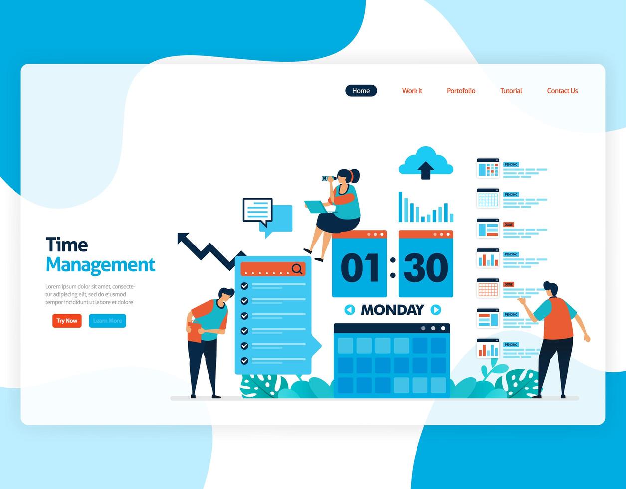 Landing page vector of time management and scheduling jobs project, Plan and manage work on time, Lack of time in business, Work with time. Illustration for website, mobile apps, homepage, flyer, card