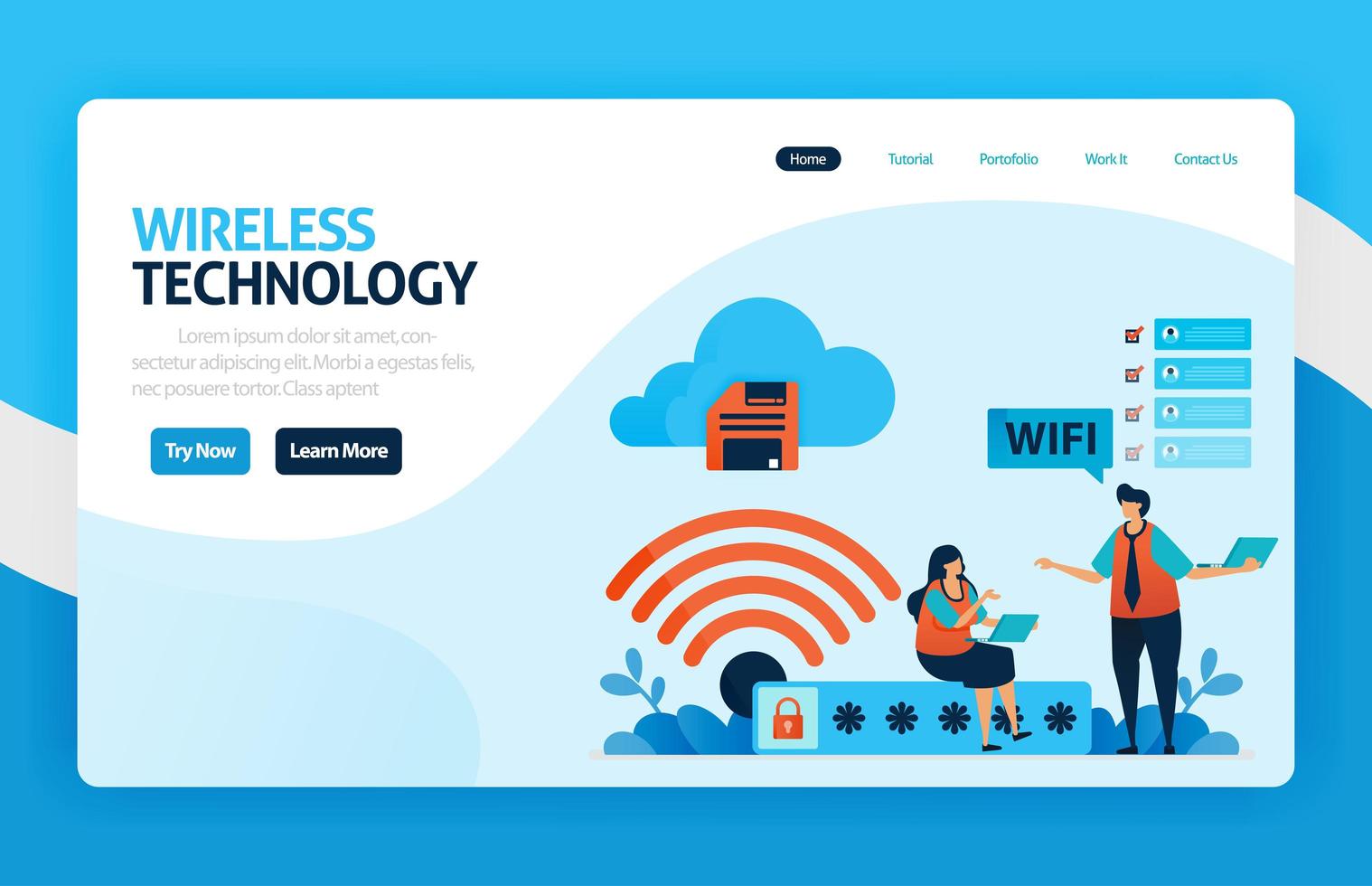 landing page y sitio web para conexión y protección wifi, acceso a internet con wifi, seguridad firewall wifi con contraseña, acceso y conexión de seguridad diseño vectorial flyer poster anuncios de aplicaciones móviles vector