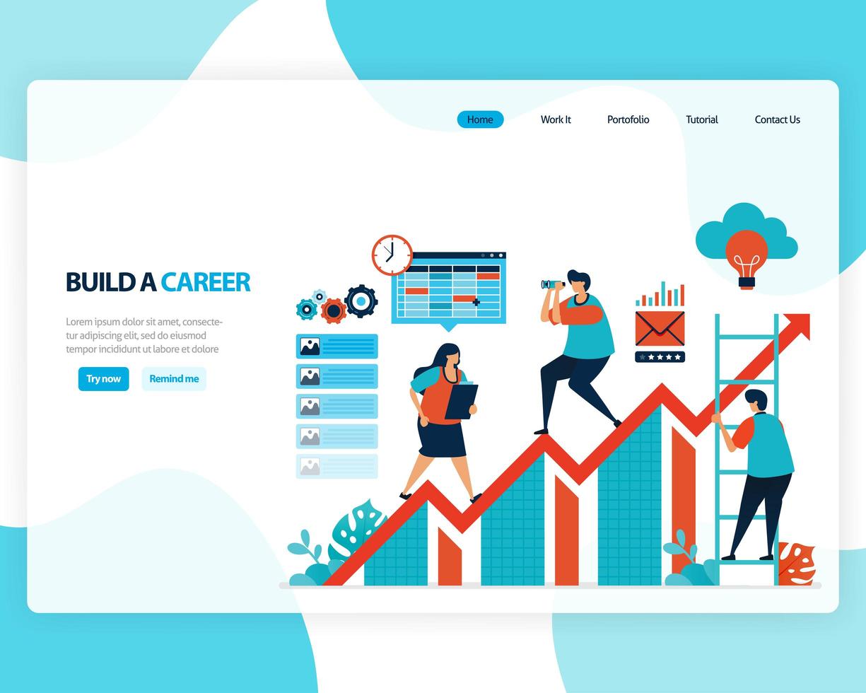 vector landing page of building a career and leadership. chart in achieving business goals. develop mental in work. illustration for web, homepage, web page, web theme, template, flyer, mobile, cards