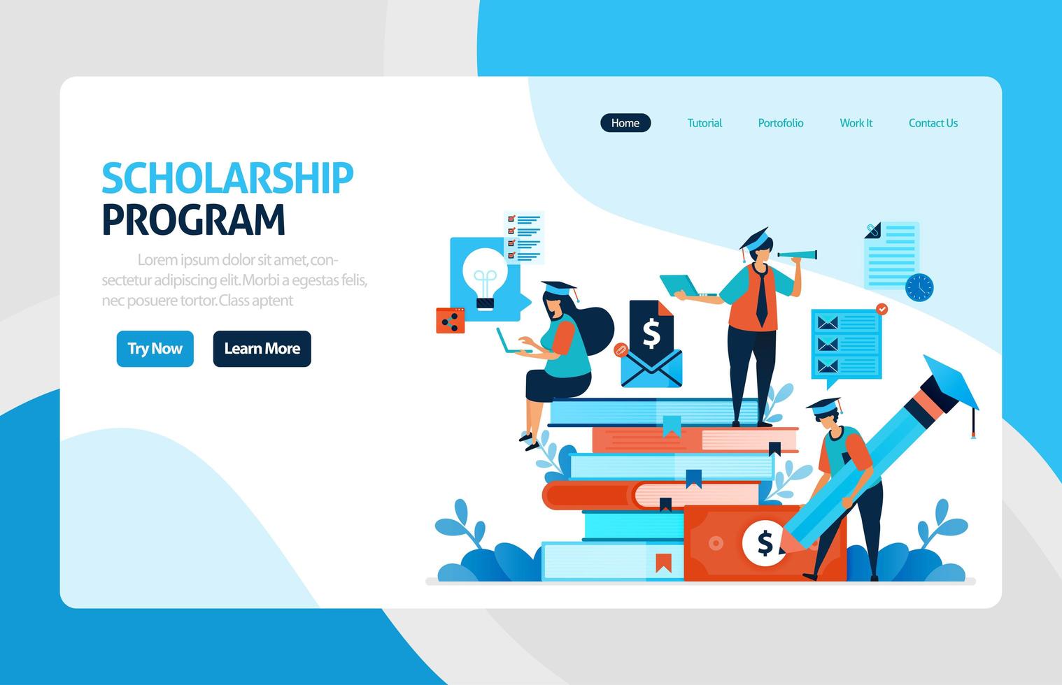 Landing page for scholarship education program, open donations and funding for outstanding student, Low interest loans for educational institutions, tuition fees. for banner, web, website, mobile apps vector