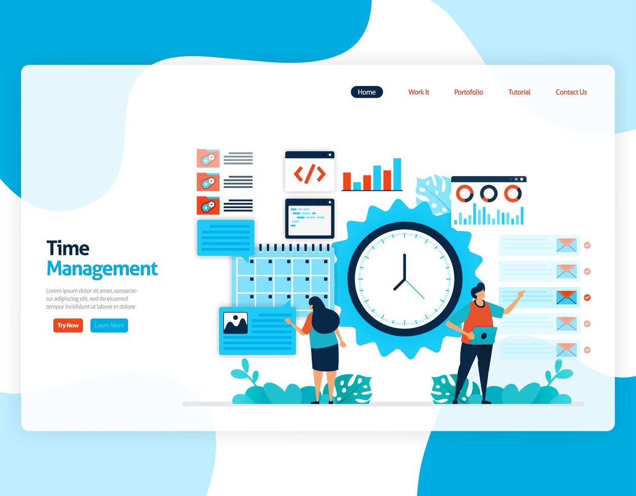 Landing page vector of time management and scheduling jobs project, Plan and manage work on time, Lack of time in business, Work with time. Illustration for website, mobile apps, homepage, flyer, card