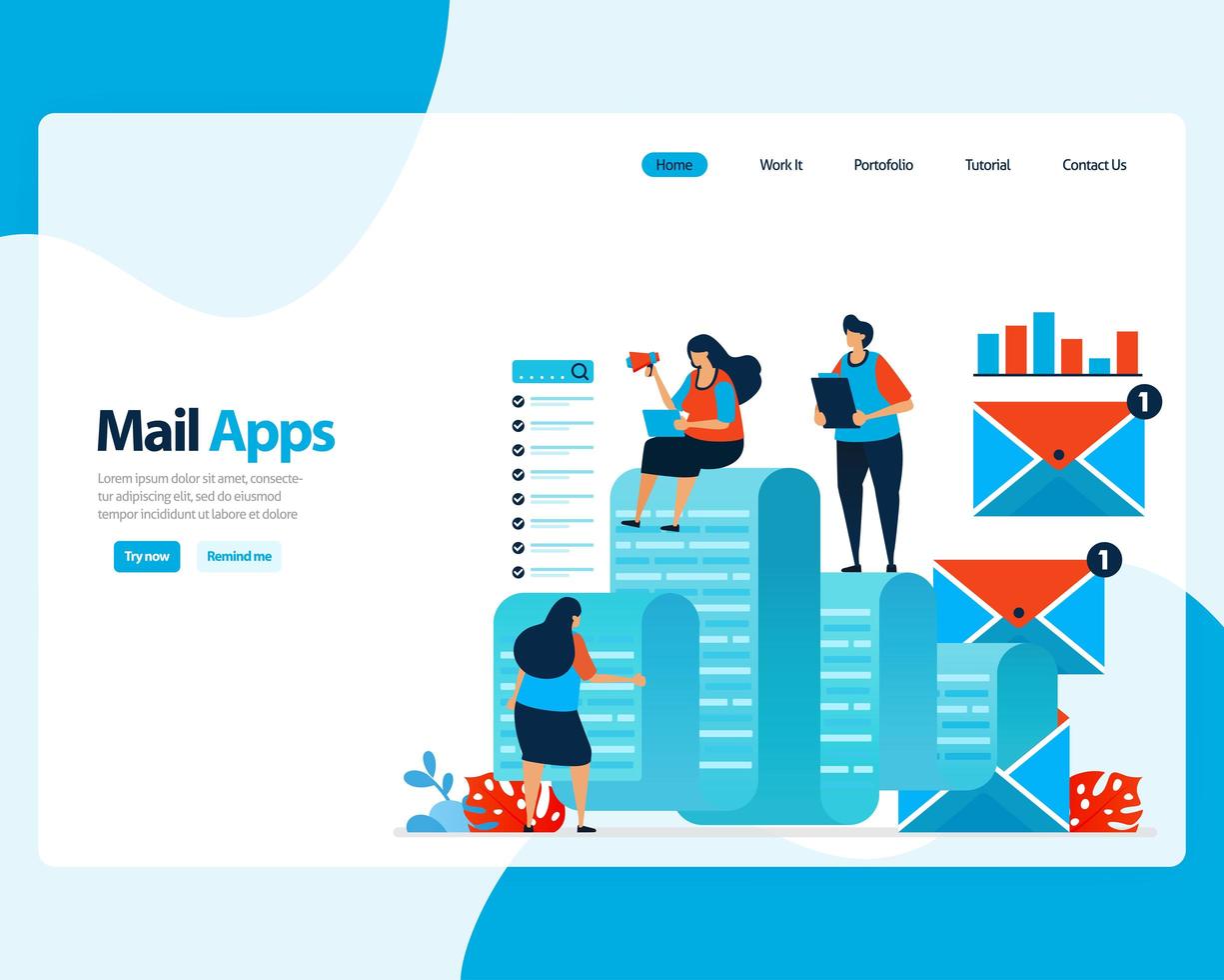 vector landing page of sending, receiving, managing e-mail. work scheduling with digital business e-mail services. illustration for landing page, template, ui ux, web, mobile apps, poster, flyer, ads