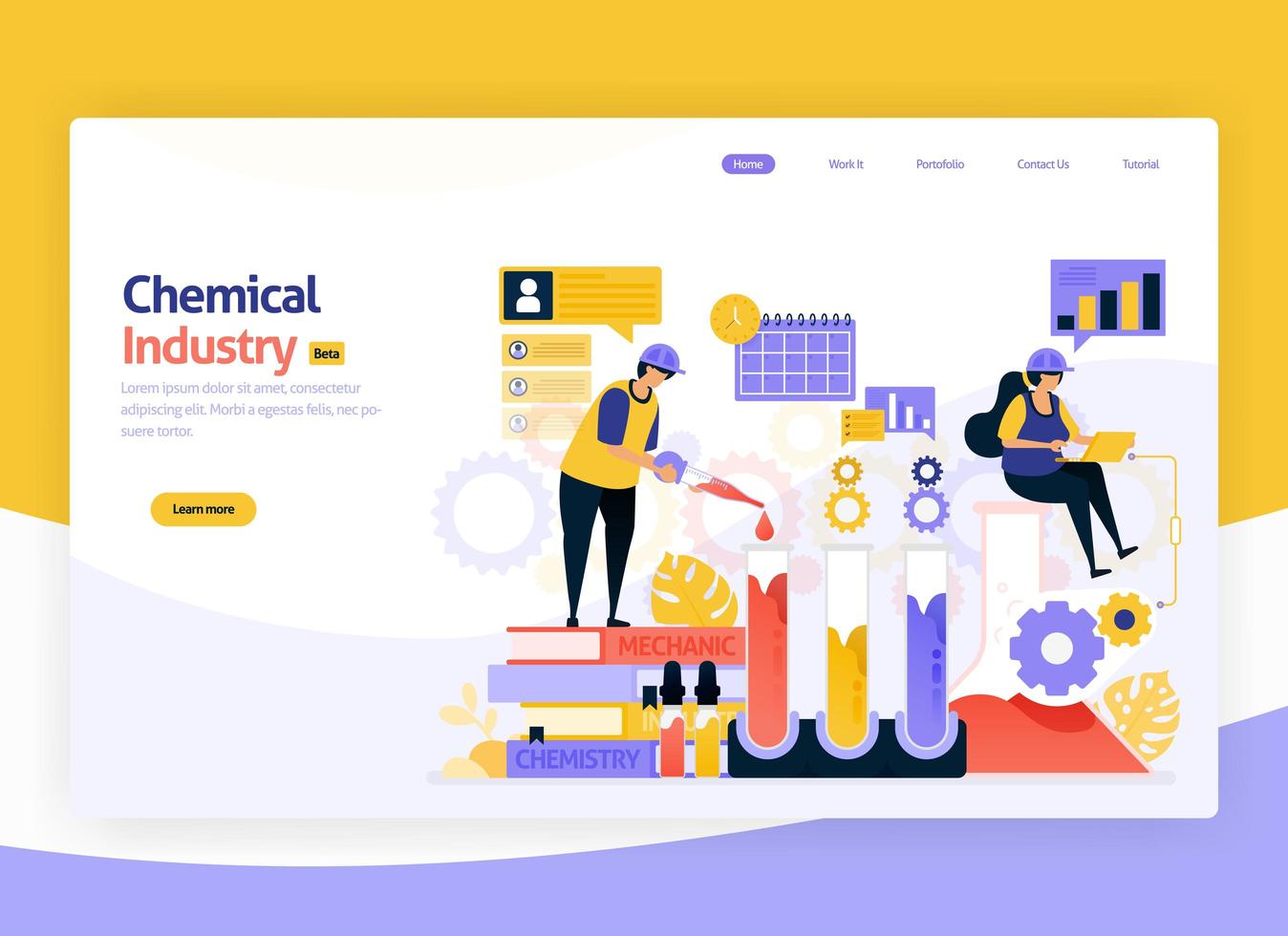 Vector illustration for industrial chemical processing, chemical production and development plants, manufacturing and fuel industry. For web, website, landing page, mobile app, banner, flyer, brochure