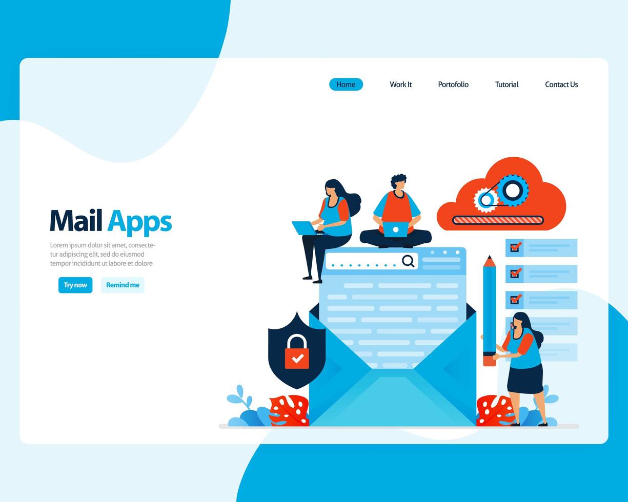 vector landing page of sending, receiving, managing e-mail. work scheduling with digital business e-mail services. illustration for landing page, template, ui ux, web, mobile apps, poster, flyer, ads