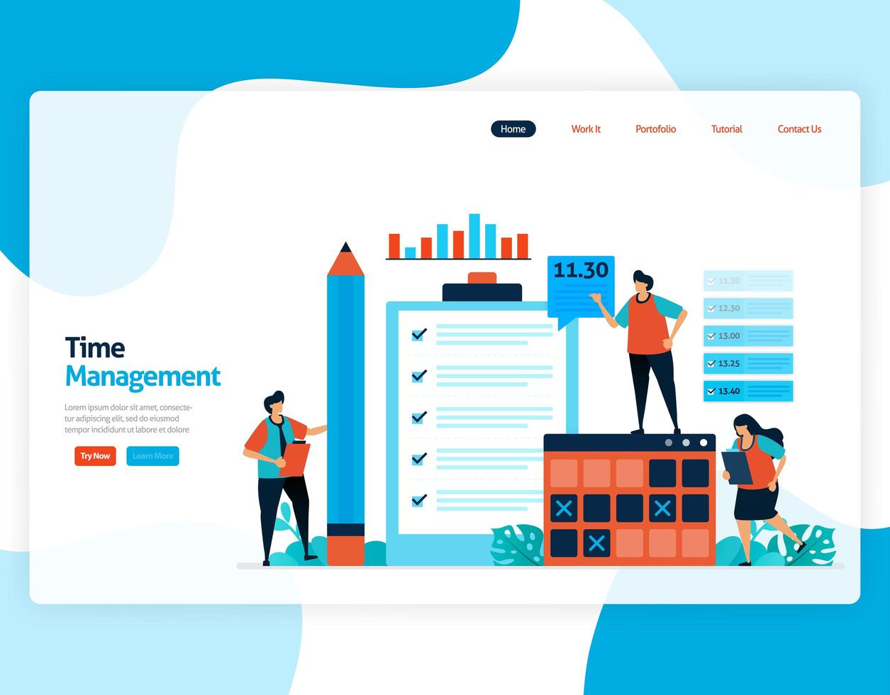 Landing page vector of time management and scheduling jobs project, Plan and manage work on time, Lack of time in business, Work with time. Illustration for website, mobile apps, homepage, flyer, card