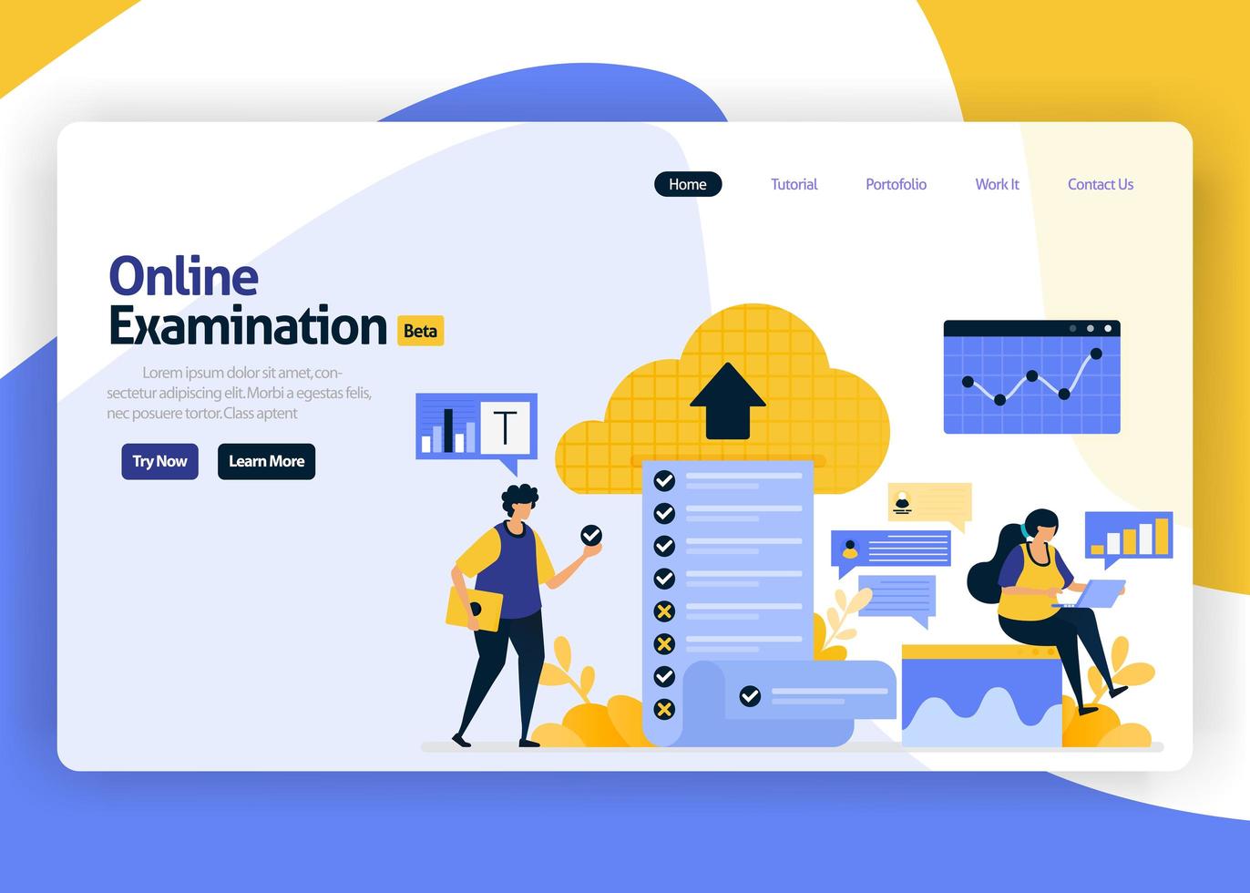 landing page vector flat design illustration of online exams with a question choice of survey, quizzes, questionnaires. cloud security survey. for websites, mobile apps, banner, flyer, brochure, ads