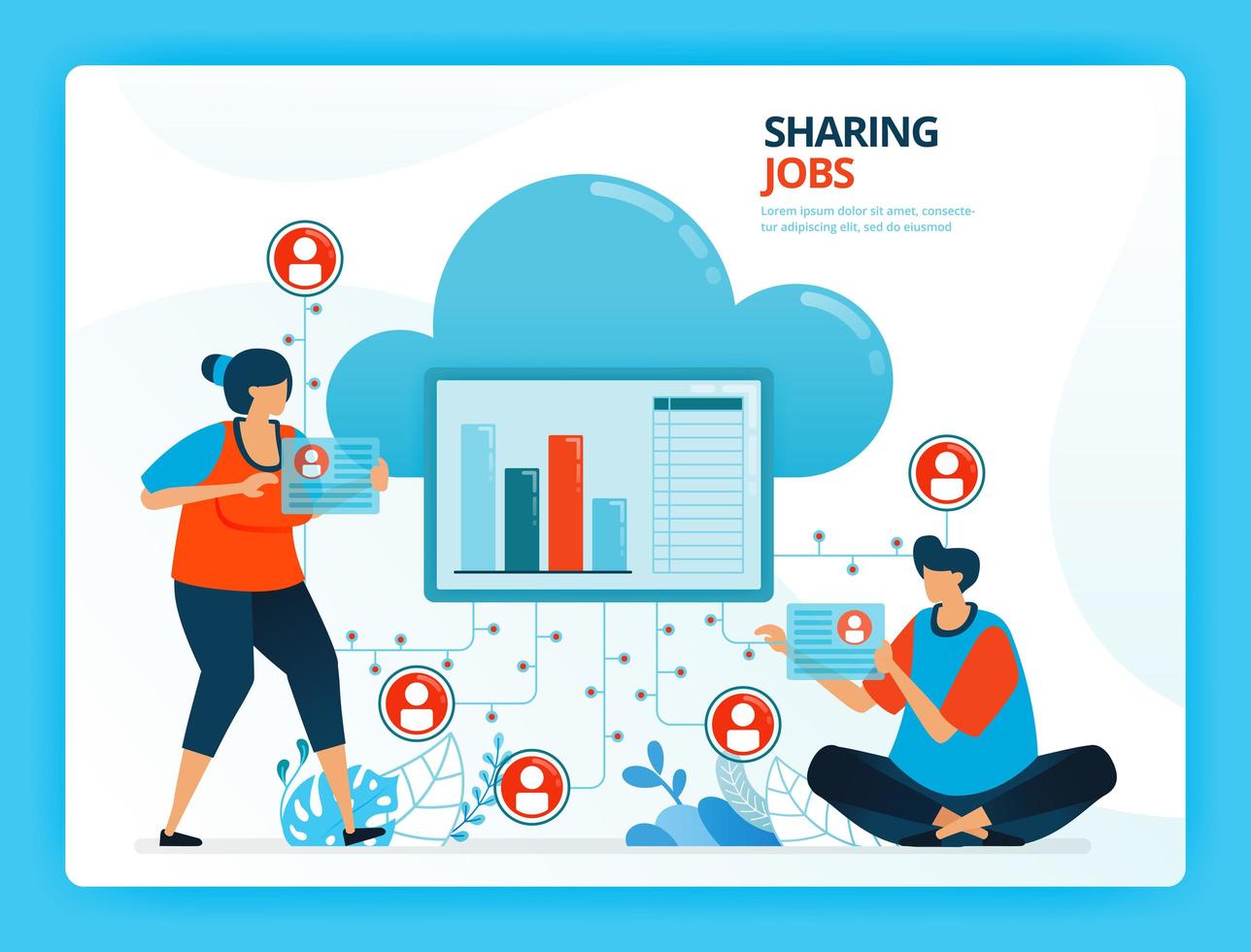 Vector illustration for jobs sharing and cloud network service. Human vector cartoon characters. Design for landing pages, web, website, web page, mobile apps, banner, flyer, brochure, poster