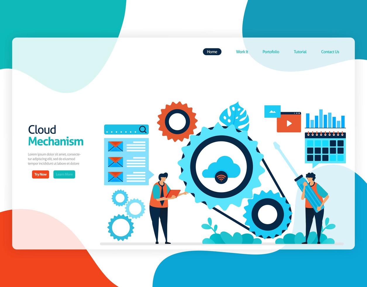 homepage landing page vector flat illustration of cloud mechanism. repair and maintenance of cloud storage technology. security system in digital backup database. web, flyer, website, mobile apps