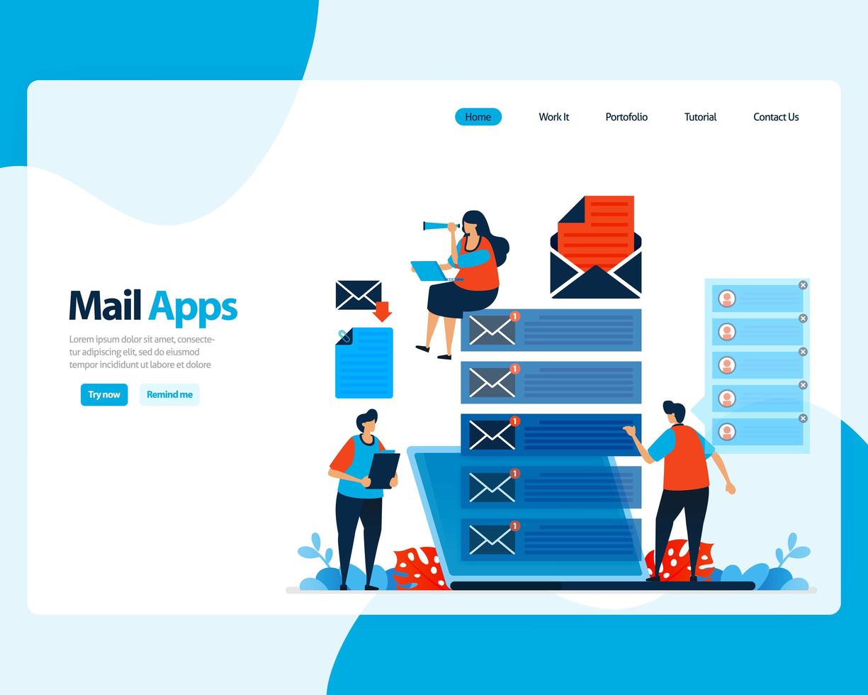 vector landing page of sending, receiving, managing e-mail. work scheduling with digital business e-mail services. illustration for landing page, template, ui ux, web, mobile apps, poster, flyer, ads