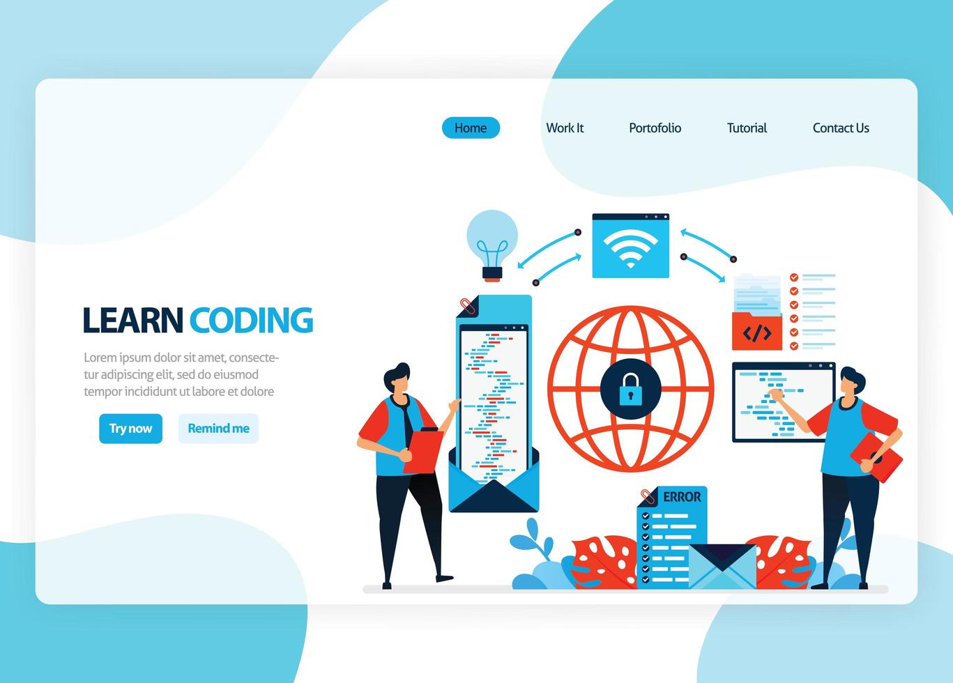 Vector homepage for learning programming and coding. Application development with a simple programming language. Flat illustration for landing page, template, ui ux, web, mobile app, banner, flyer