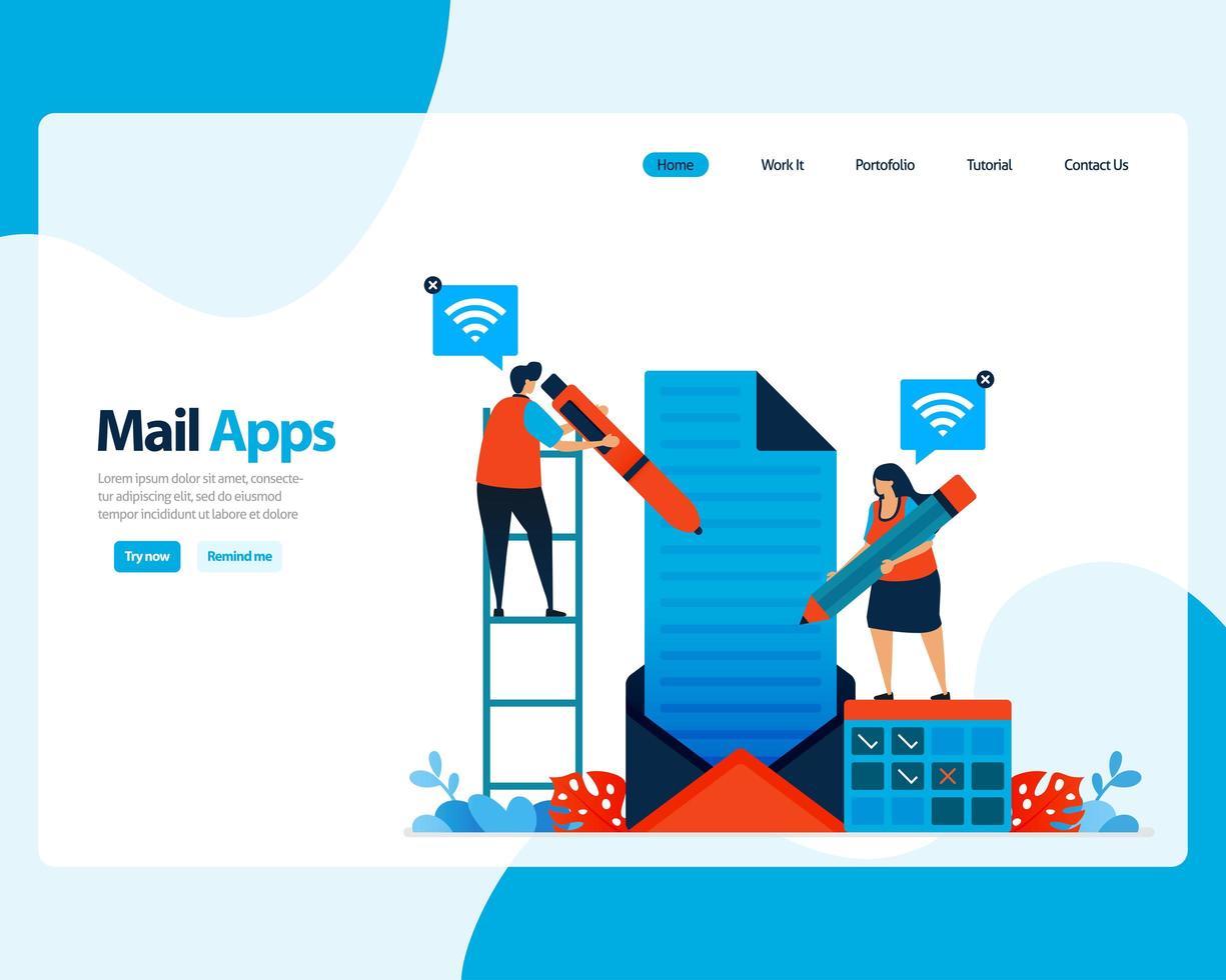 vector landing page of sending, receiving, managing e-mail. work scheduling with digital business e-mail services. illustration for landing page, template, ui ux, web, mobile apps, poster, flyer, ads