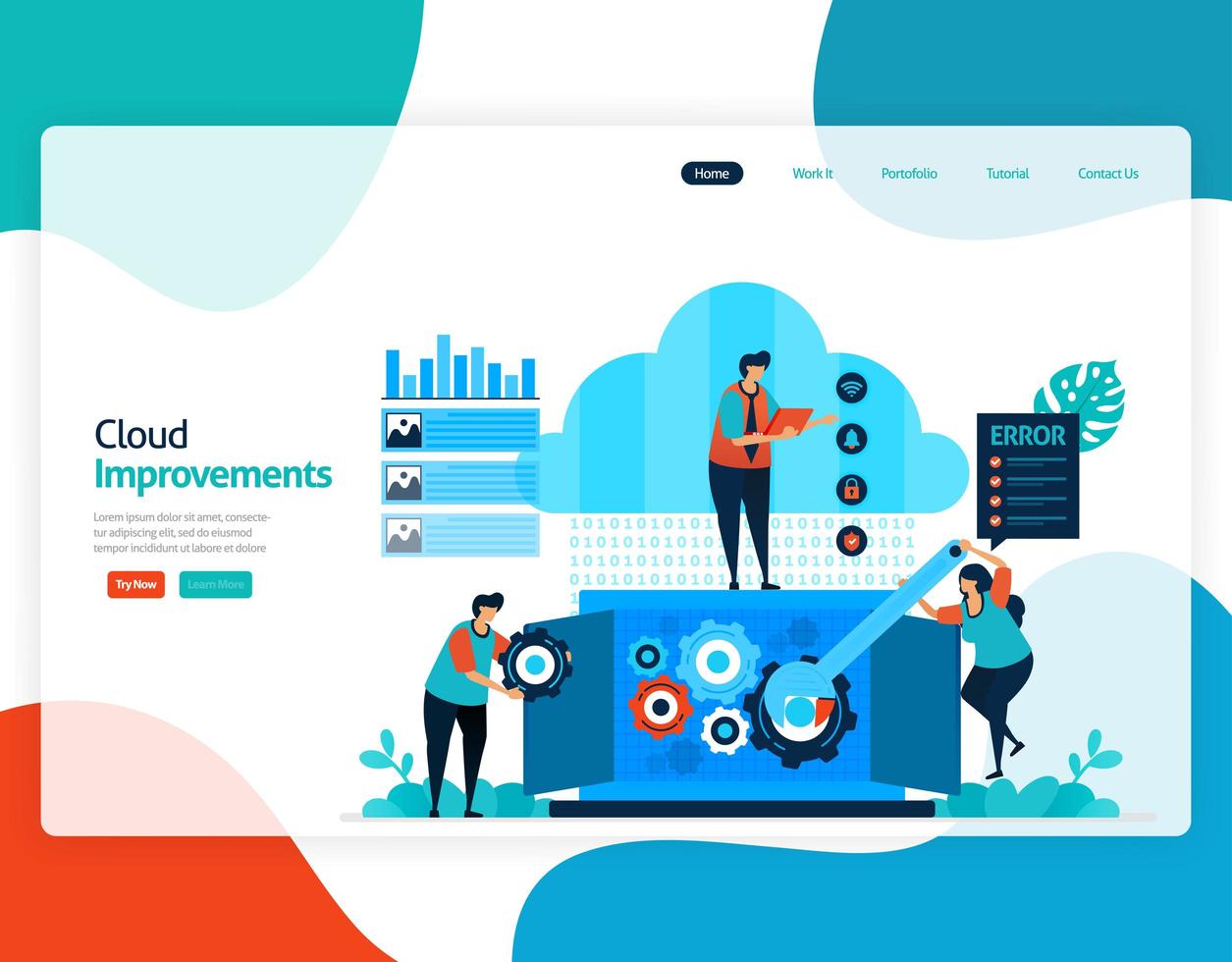 homepage landing page vector flat illustration of improvements cloud . repair and maintenance of cloud storage technology. security system in digital backup database. web, flyer, website, mobile apps