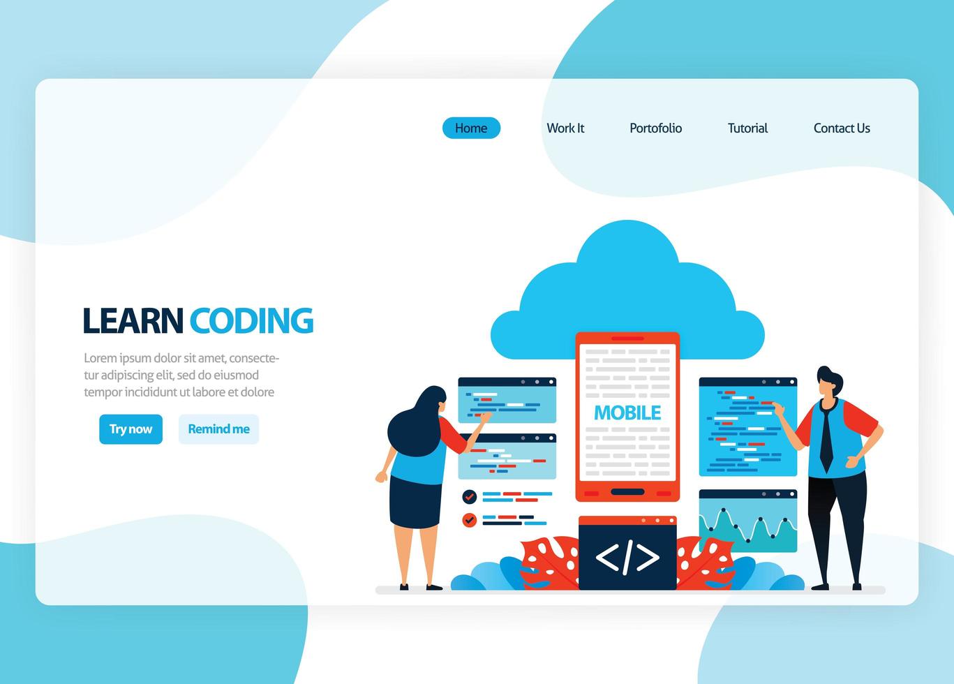 Vector homepage for learning programming and coding. Application development with a simple programming language. Flat illustration for landing page, template, ui ux, web, mobile app, banner, flyer