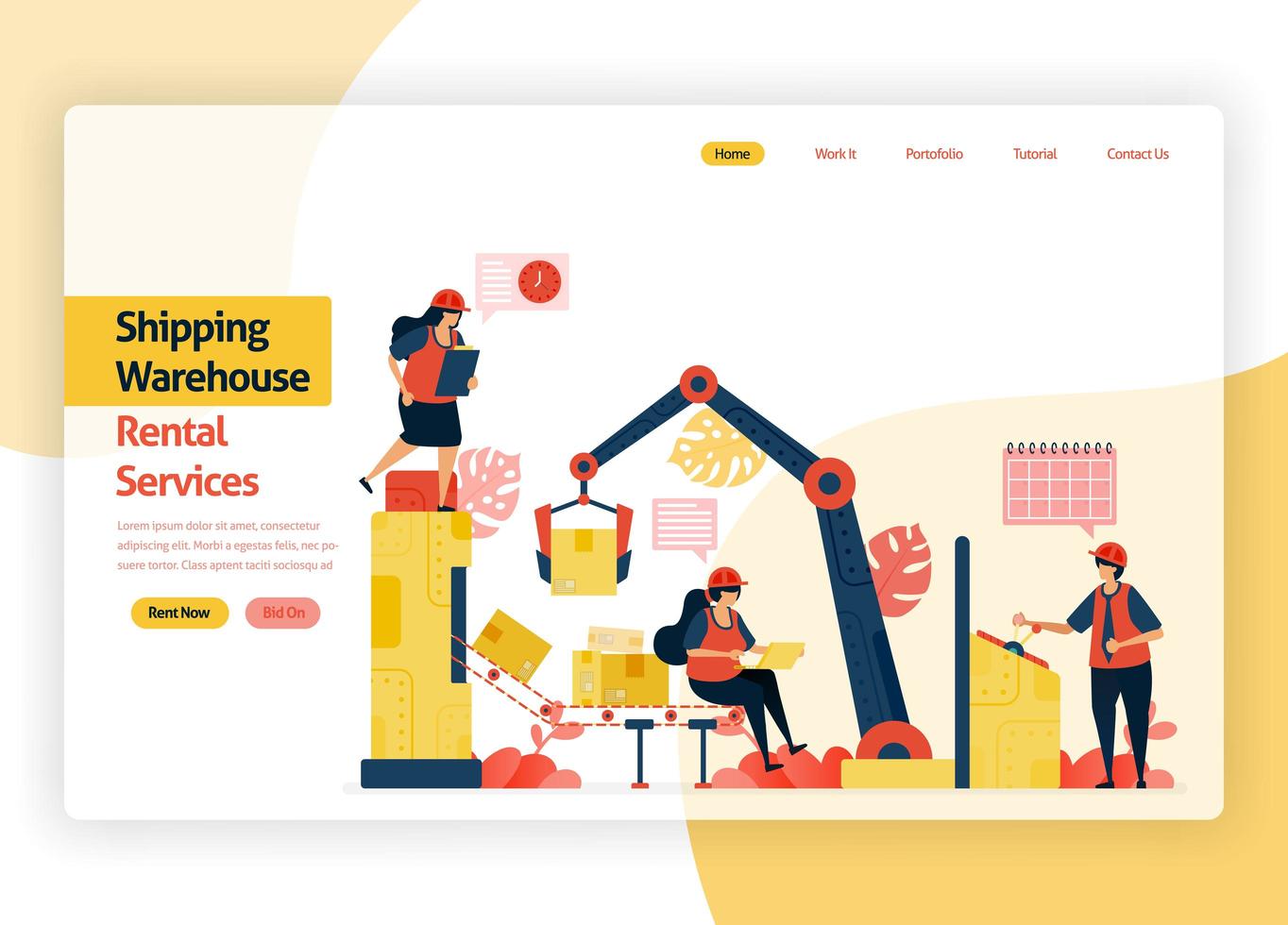 welcome page website for warehousing rental service companies, delivery transit, ports, aircraft cargo and public transportation. warehouse with box packing machines. landing page, banner, mobile apps vector
