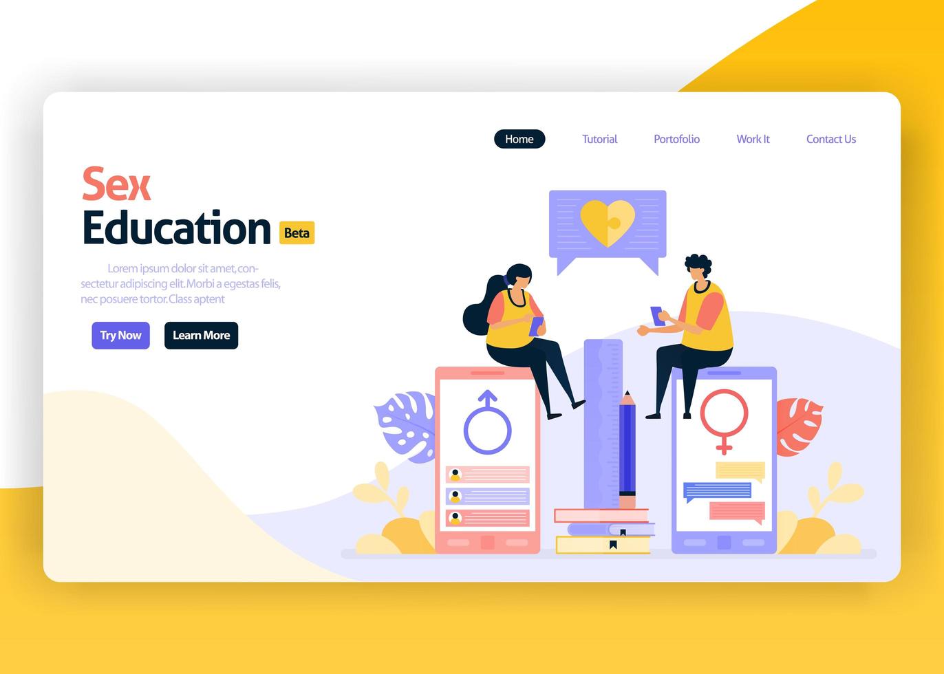 Vector illustration landing page for sex education for student and school. Reproduction and sexuality for teenagers. Safe relation with condom. Web, website, landing page, mobile app, flyer, banner