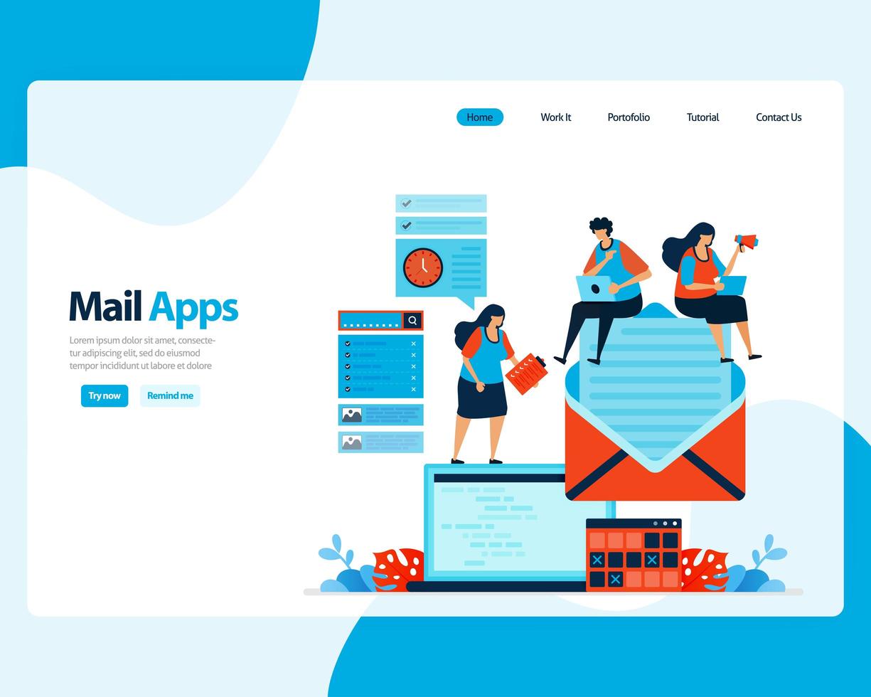 vector landing page of sending, receiving, managing e-mail. work scheduling with digital business e-mail services. illustration for landing page, template, ui ux, web, mobile apps, poster, flyer, ads