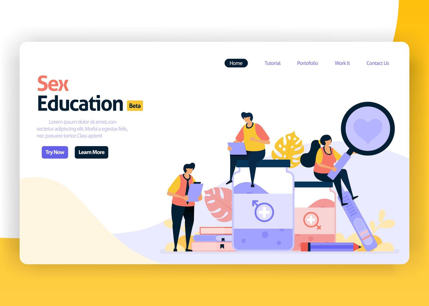Vector illustration landing page for sex education for student and school. Reproduction and sexuality for teenagers. Safe relation with condom. Web, website, landing page, mobile app, flyer, banner